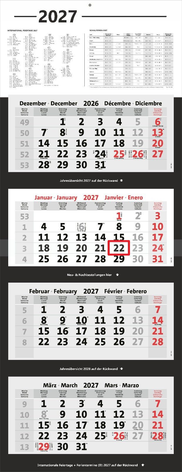 Anschütz Wandkalender Großer Office Wandkalender 2027 mit 4-Monatsübersicht