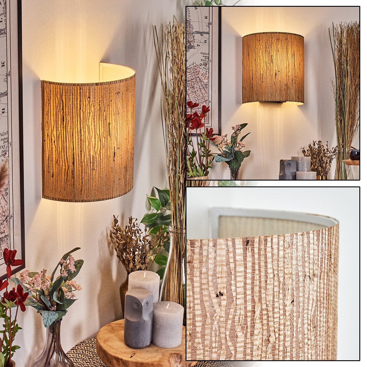 hofstein Wandleuchte Wandlampe aus Metall/Seegras/Papiergeflecht, Schwarz/Natur/Beige/Braun, Wandleuchte Boho-Design, Stecker u. Schalter, abnehmbares Kabel, E27