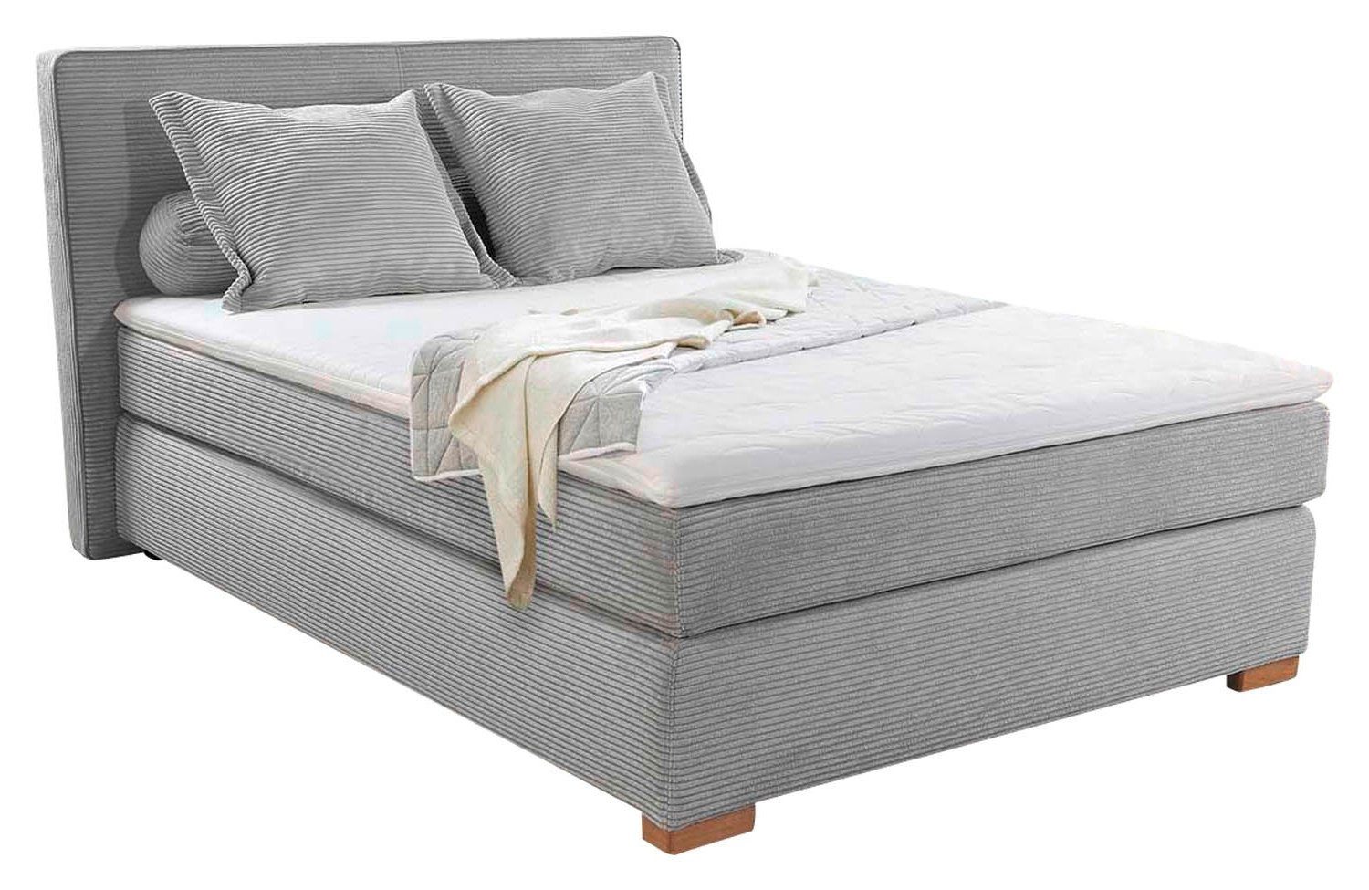 Jockenhöfer Gruppe Boxspringbett ROMY, 140 x 200 cm, Hellgrau, Cordbezug, 7-Zonen-Tonnentaschenfederkernmatratze, inkl. Topper