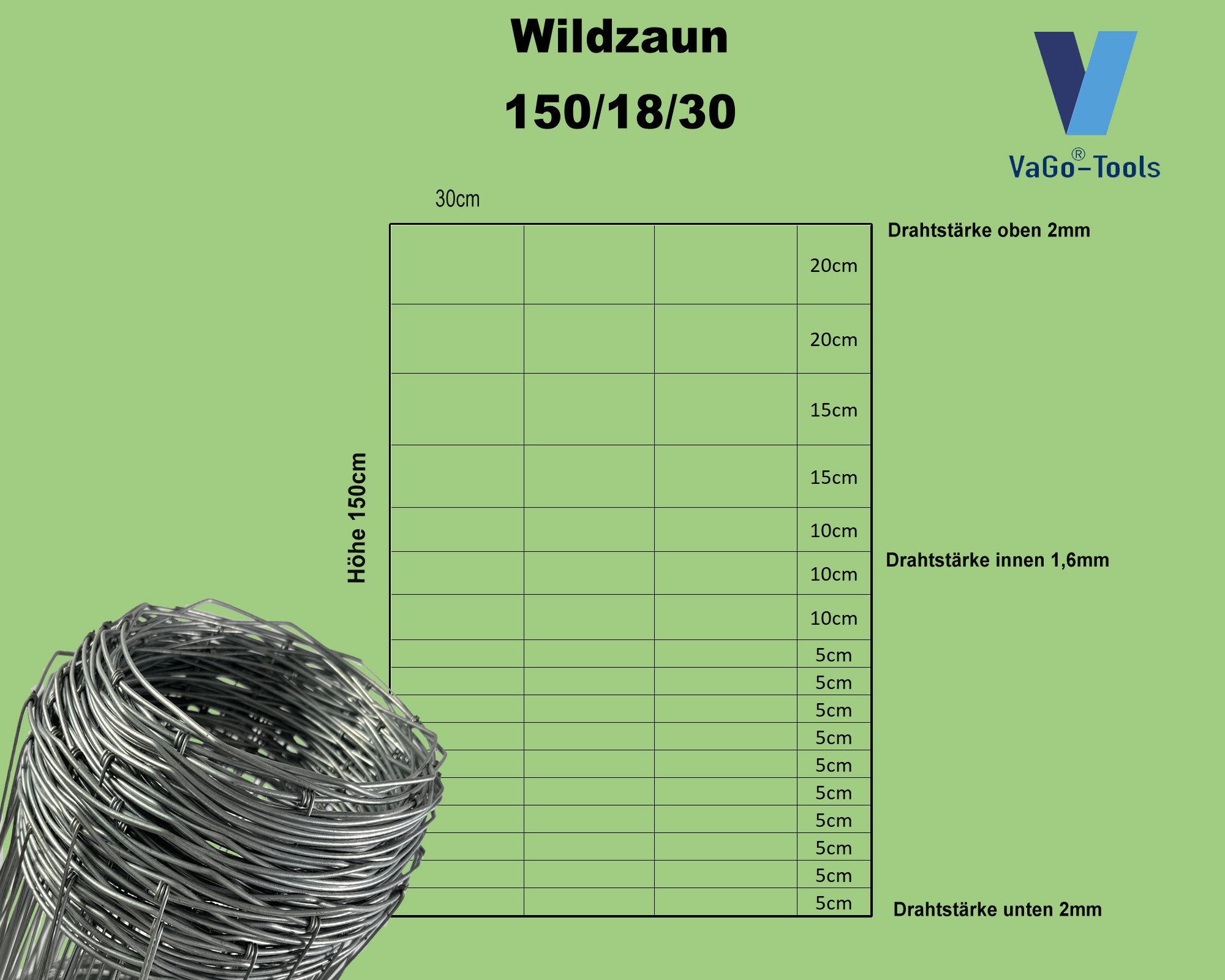 VaGo-Tools Wildzaun Wildzaun Drahtzaun Weidezaun 150/13/15 Zaun 50m