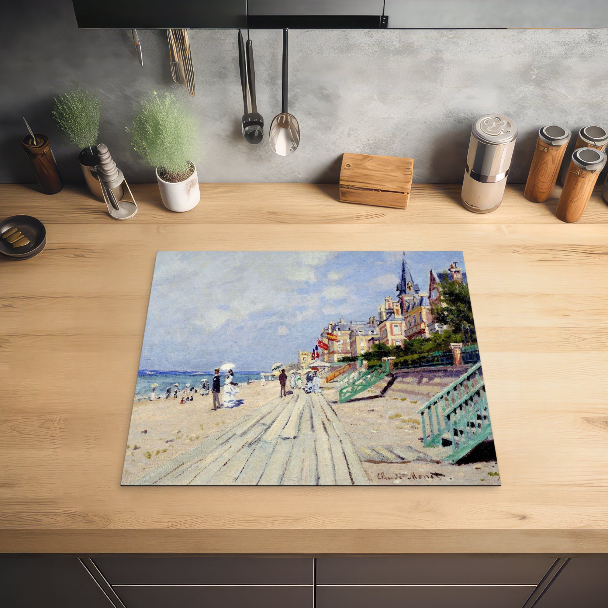 Monet, von Trouville Ceranfeldabdeckung (1 die Claude küche, 59x52 Vinyl, cm, Induktionsmatte Die für Gemälde von MuchoWow Herdblende-/Abdeckplatte - tlg), Strandpromenade