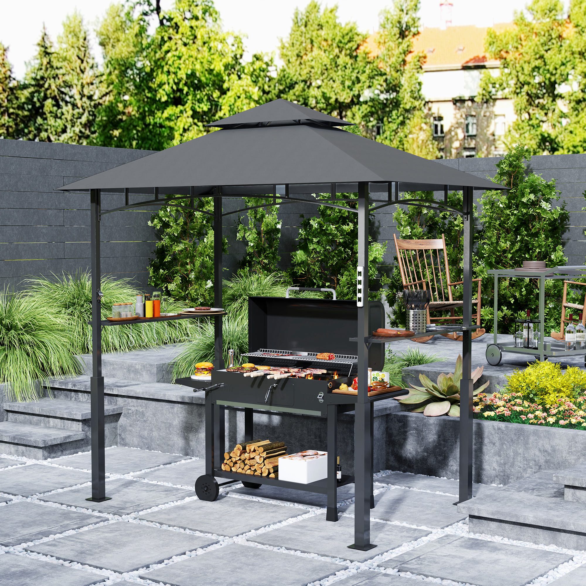 Outsunny Grillpavillon wasserdicht flammhemmend, mit Doppeldach,Seitenregalen, mit 0 Seitenteilen, (Gartenpavillon mit LED, Gartenlauben), mit UV-Schutz, aus Metall, 243 x 148 x 248 cm, für Party, BBQ, Grau