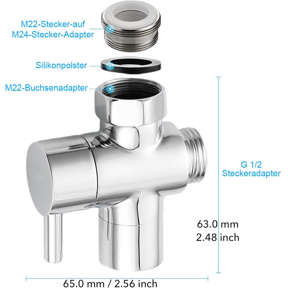 AFKSMILE 3-Wege-Ventil 3 Wege Wasserhähn Umschaltventil Umstellventil mit 3 Unterlegscheiben, Für G1/2, M22-24, 1/2 Zoll Umschaltventil, Diverter für Wasserhahn