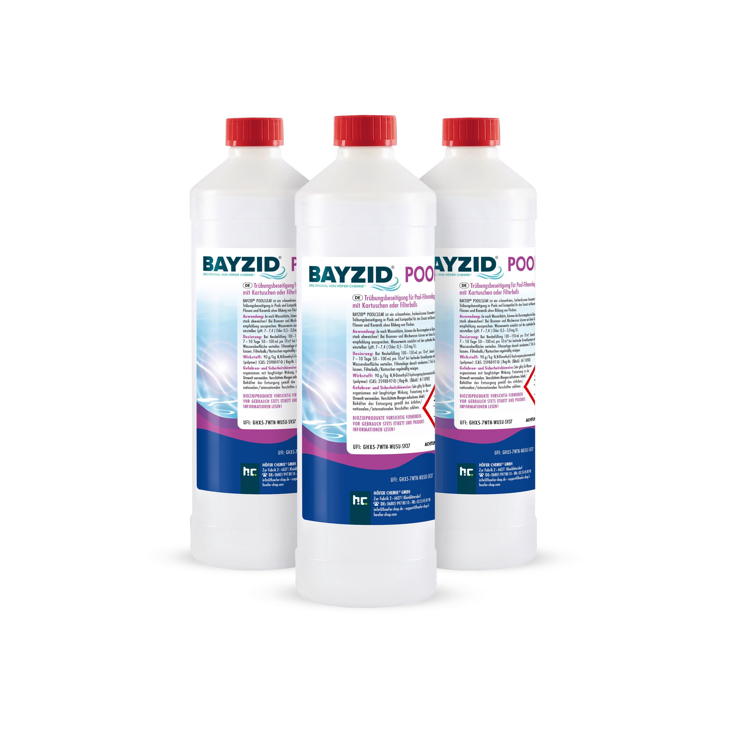 Höfer Chemie GmbH Poolpflege 3x 1 L BAYZID® Poolclear - Trübungsbeseitigung für Pool-Filter, Für klares und sauberes Wasser im Pool