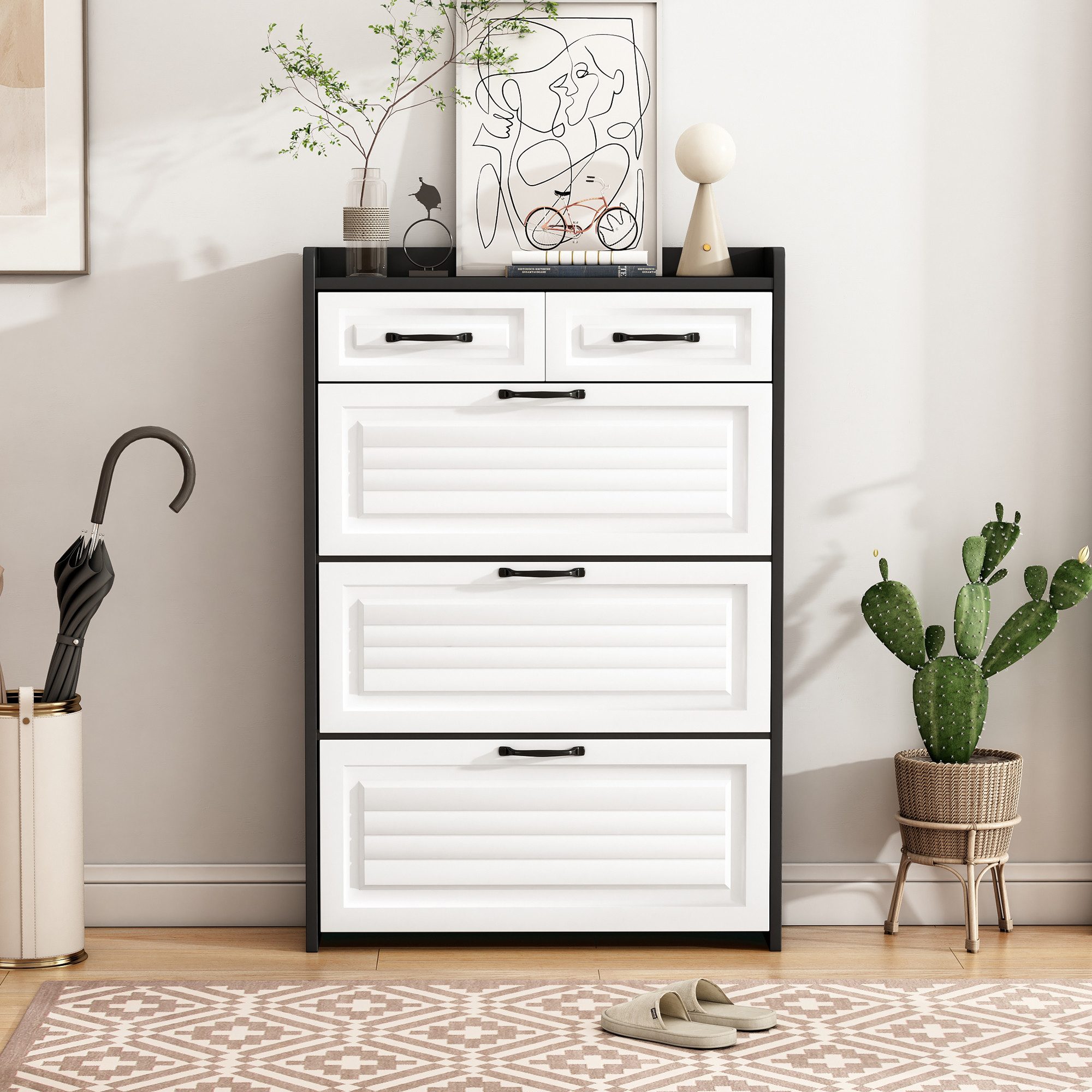 IDEASY Schuhschrank Schuhschrank mit 3 Klappen und 2 Schubladen aus Holz (3 umklappbare Schuhregale, bietet Platz) für 18–24 Paar Schuhe, Metallgriff