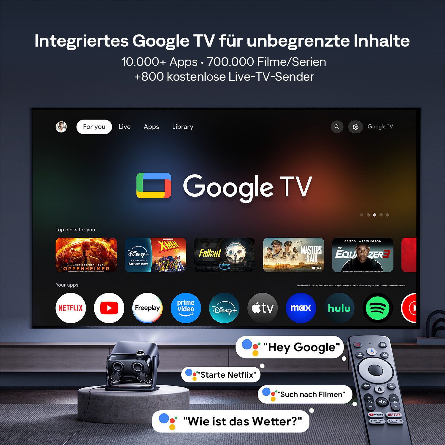 Aurzen BOOM Mini Smart Projektor mit Google TV, 4K Unterstützt Beamer (1000:1, Native 1920x1080 px, 500 ANSI lm, 20W Dolby Audio, Echtzeit-Autofokus und Trapezkorrektur)