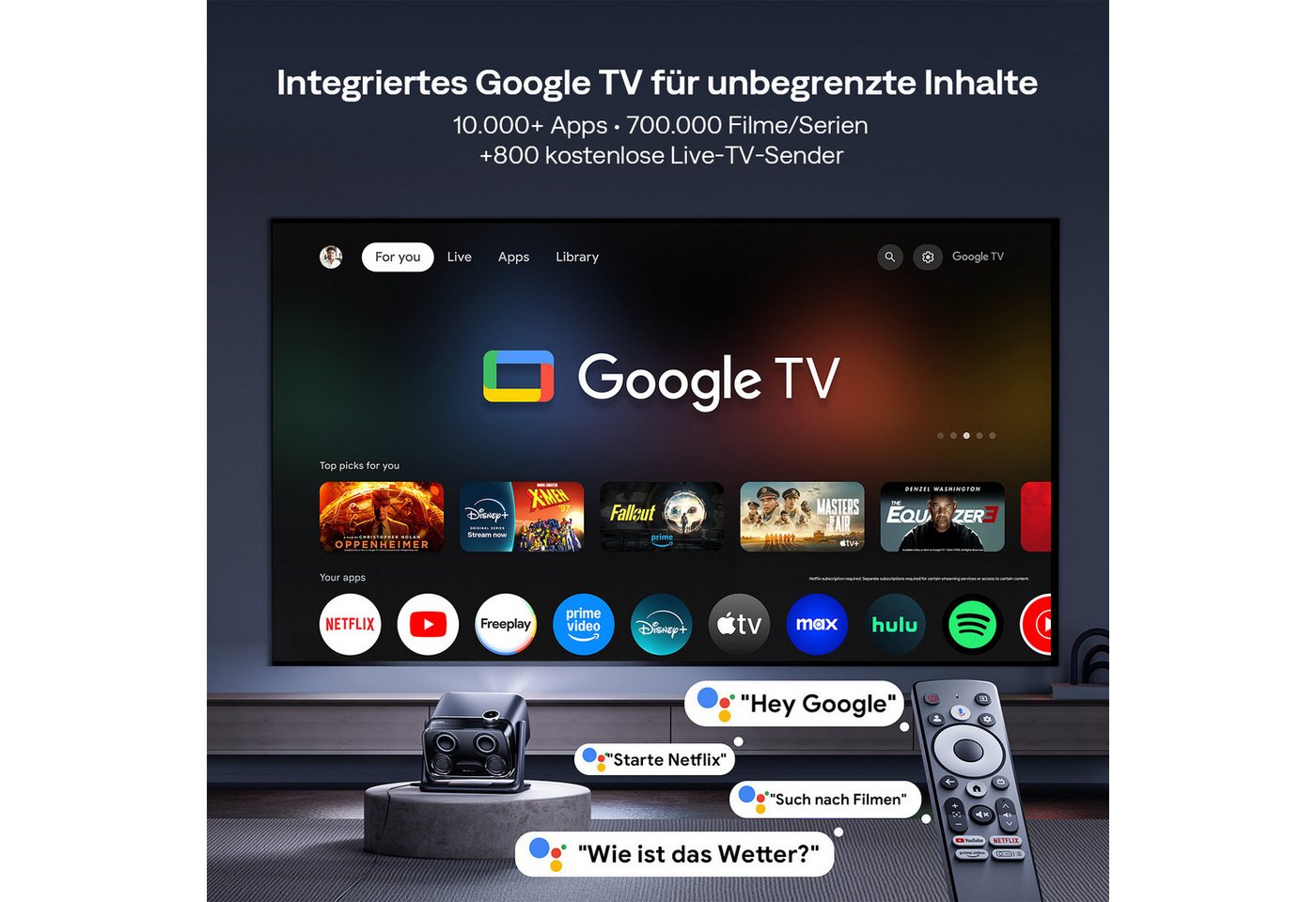 Aurzen BOOM Mini Smart Projektor mit Google TV, 4K Unterstützt Beamer (1000:1, Native 1920x1080 px, 500 ANSI lm, 20W Dolby Audio, Echtzeit-Autofokus und Trapezkorrektur) schwarz
