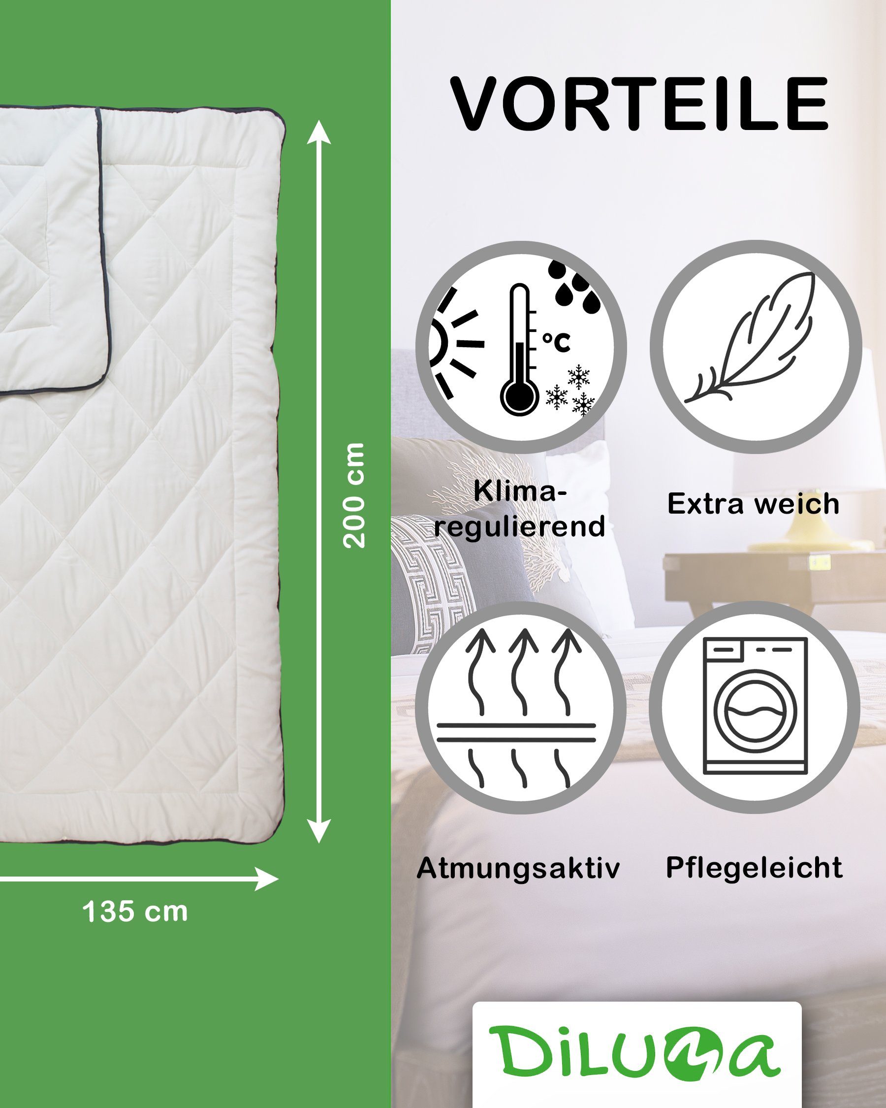 Füllung: Bettdecke Atmungsaktiv, Polyester 100% Bezug: 135x200 4-Jahreszeitenbett, Vierjahreszeitendecke, 4-Jahreszeitenbett, 4-Jahreszeiten Comfort cm 100% Allergikergeeignet Mikrofaser, Kunstfaser, Klimaregulierend, DILUMA,