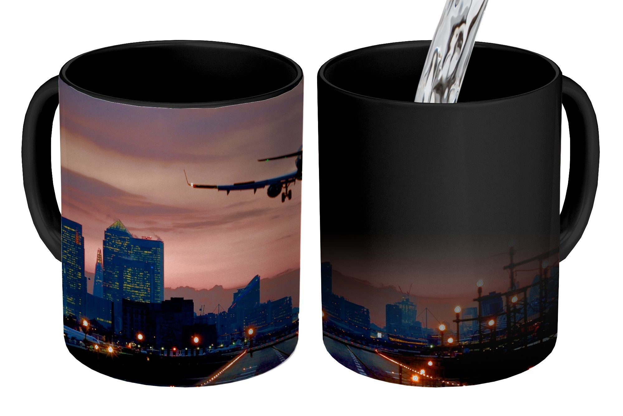 MuchoWow Tasse Landung eines Flugzeugs bei Sonnenaufgang, Keramik, Farbwechsel, Kaffeetassen, Teetasse, Zaubertasse, Geschenk