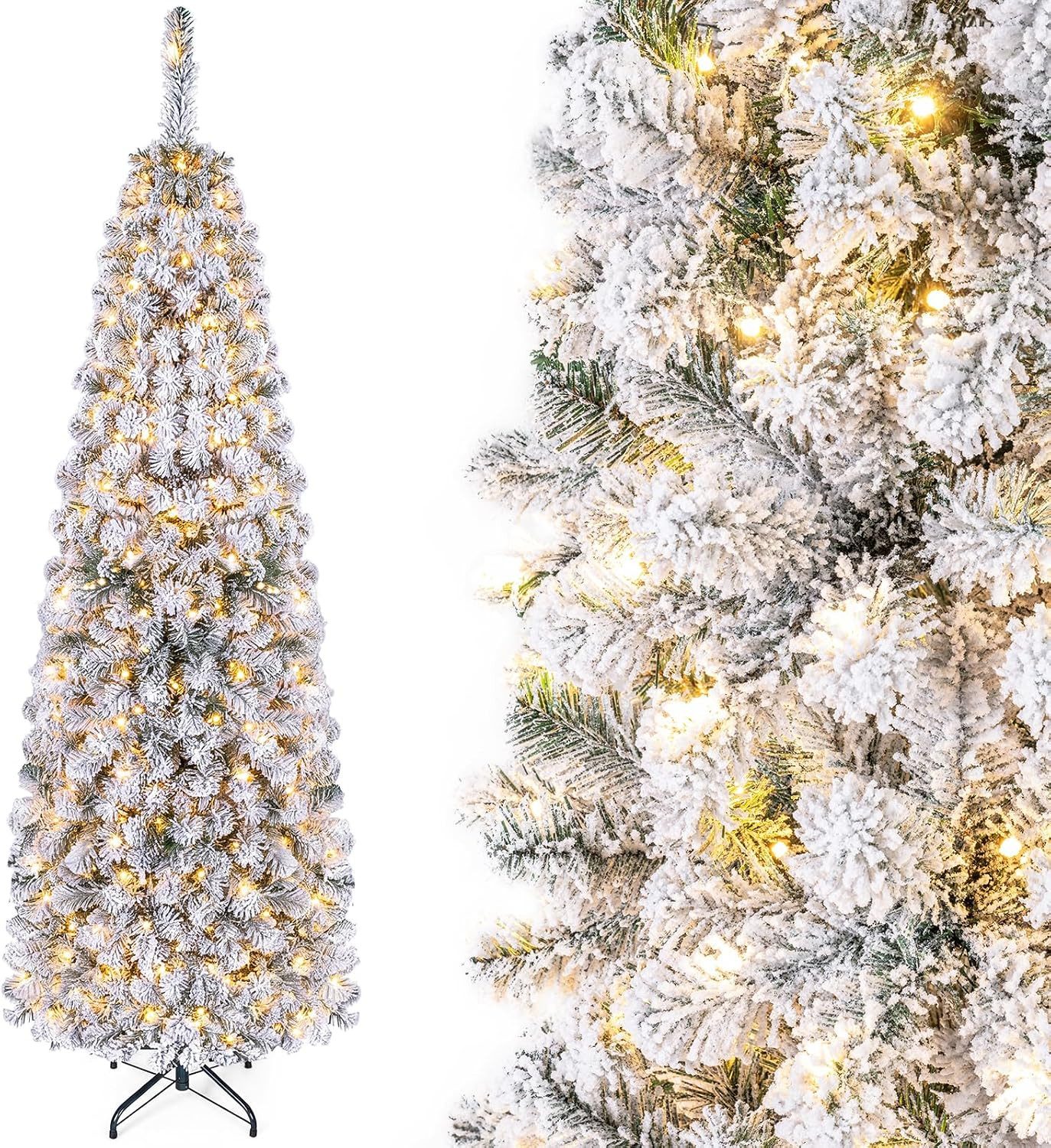 COSTWAY Künstlicher Weihnachtsbaum schmal mit Beleuchtung und Schnee, 180 cm, 250 warmweiße LEDs, 502 PVC Nadeln