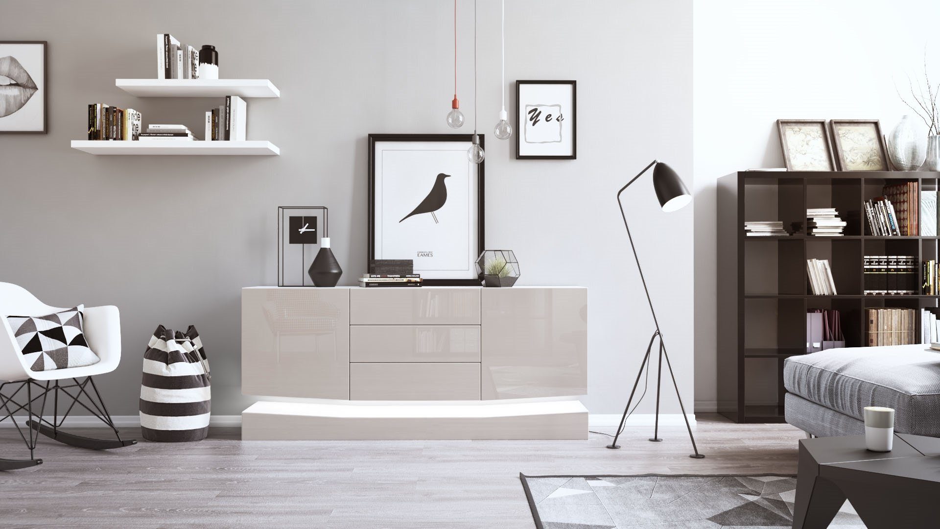 Vladon Sideboard City (Kommode mit 2 Türen, und 3 Schubladen inkl. LED-Beleuchtung), Weiß matt/Sandgrau Hochglanz (178 x 72 x 38 cm)