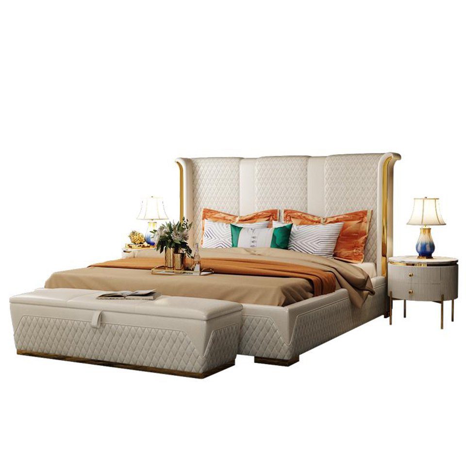 JVmoebel Bett Doppelbett Klassisches Bett Designer Polster Textil Leder Weiß (Bett)