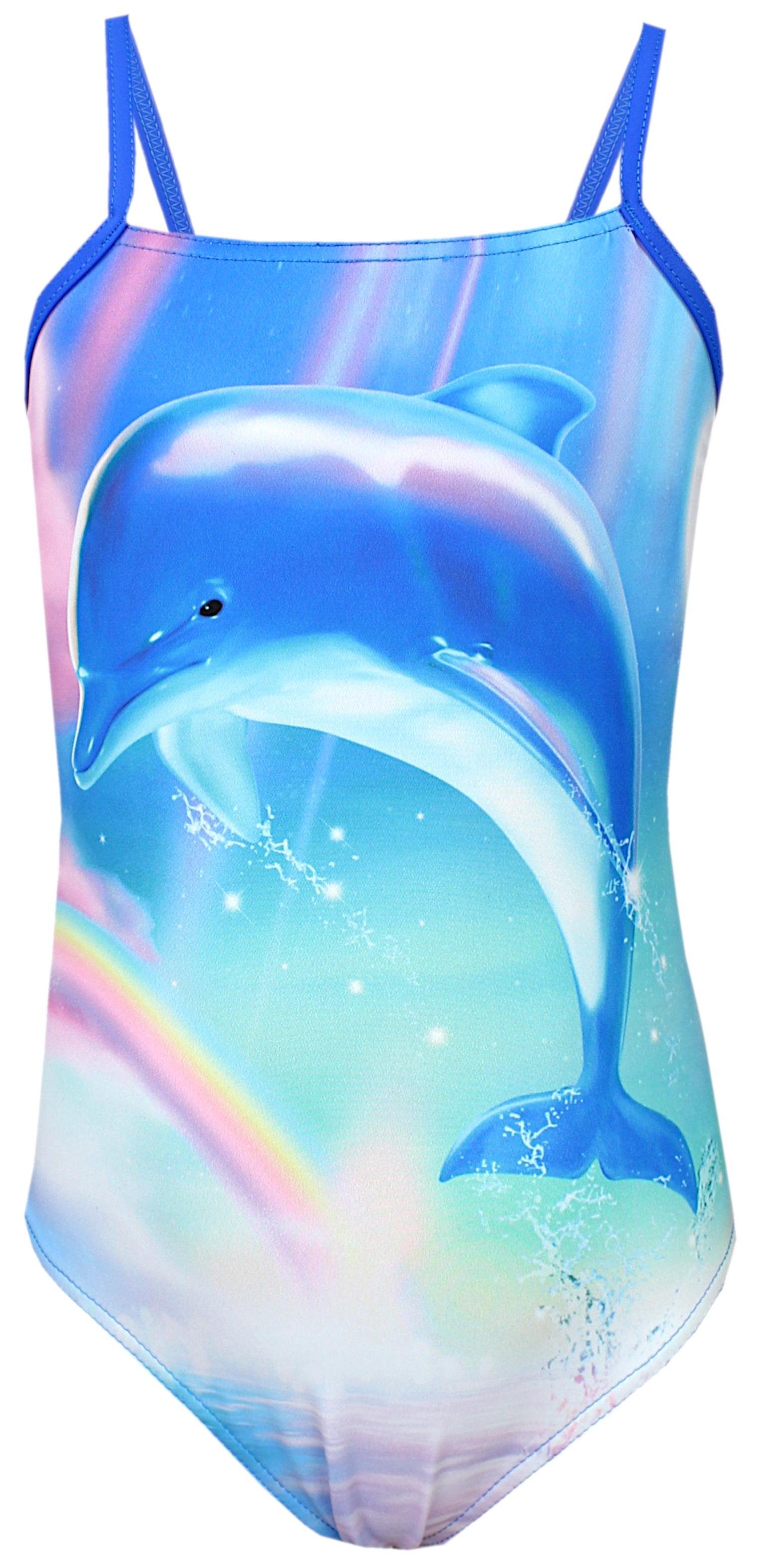 Aquarti Badeanzug mit Spaghettiträgern Mädchen Delphin / Aquarti Blau / Regenbogen Rosa Streifen / Badeanzug