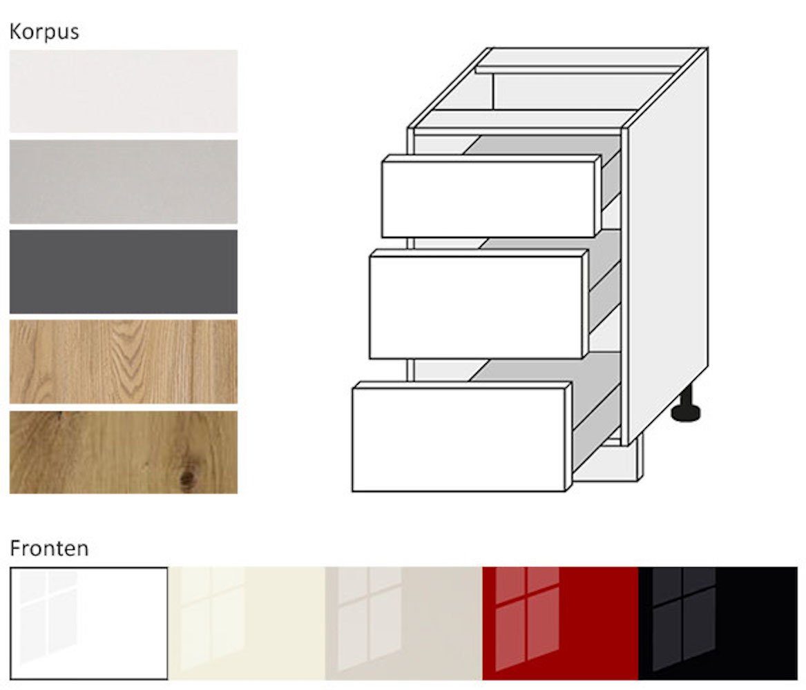 wählbar Unterschrank Hochglanz Platinium Feldmann-Wohnen 3 Front- Schubladen 50cm Korpusfarbe & weiß (Vollauszug)