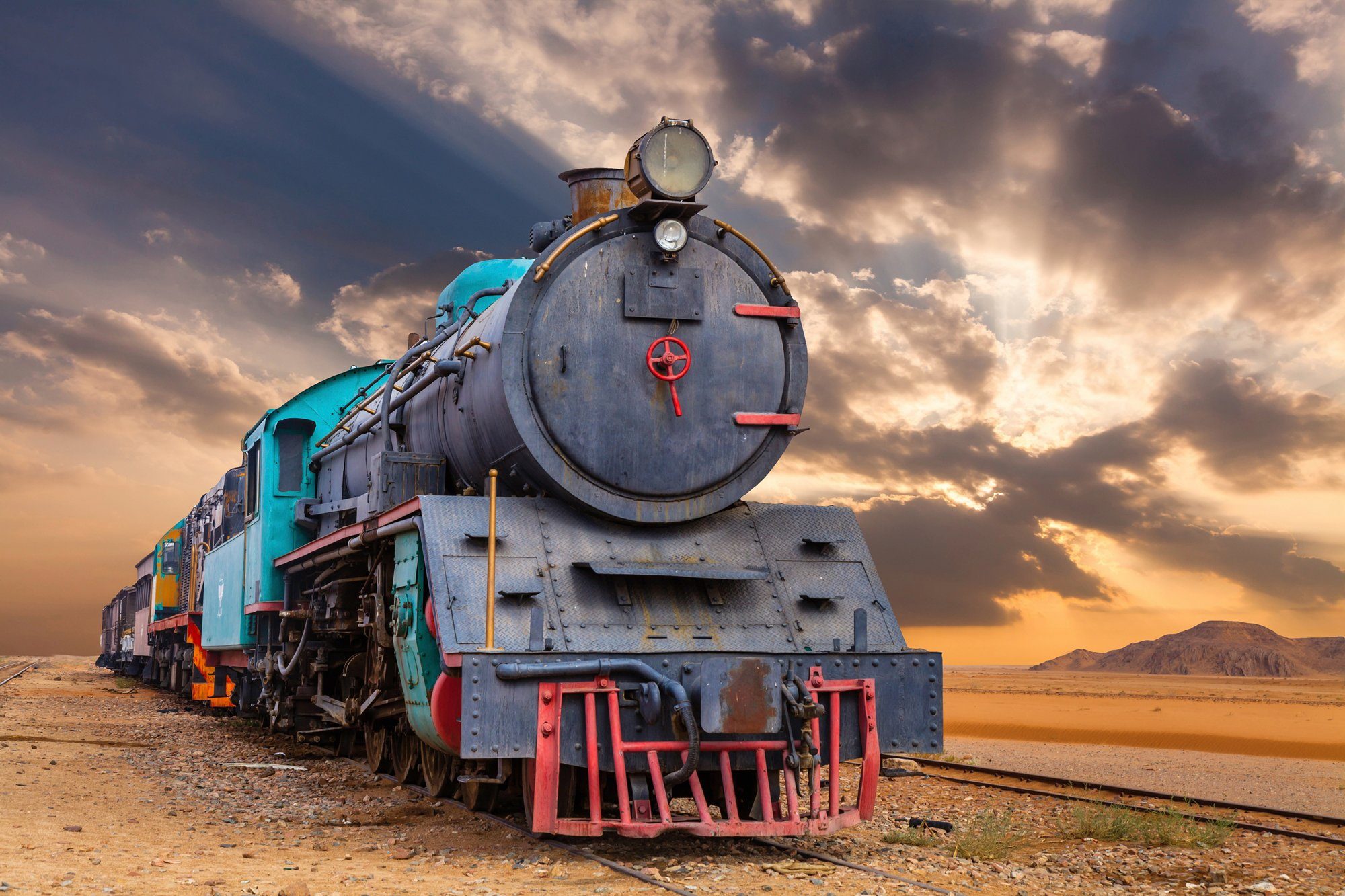Papermoon Fototapete ZUG-LOKOMOTIVE WADI RUM WÜSTE JORDANIEN WAGEN GEBIRGE