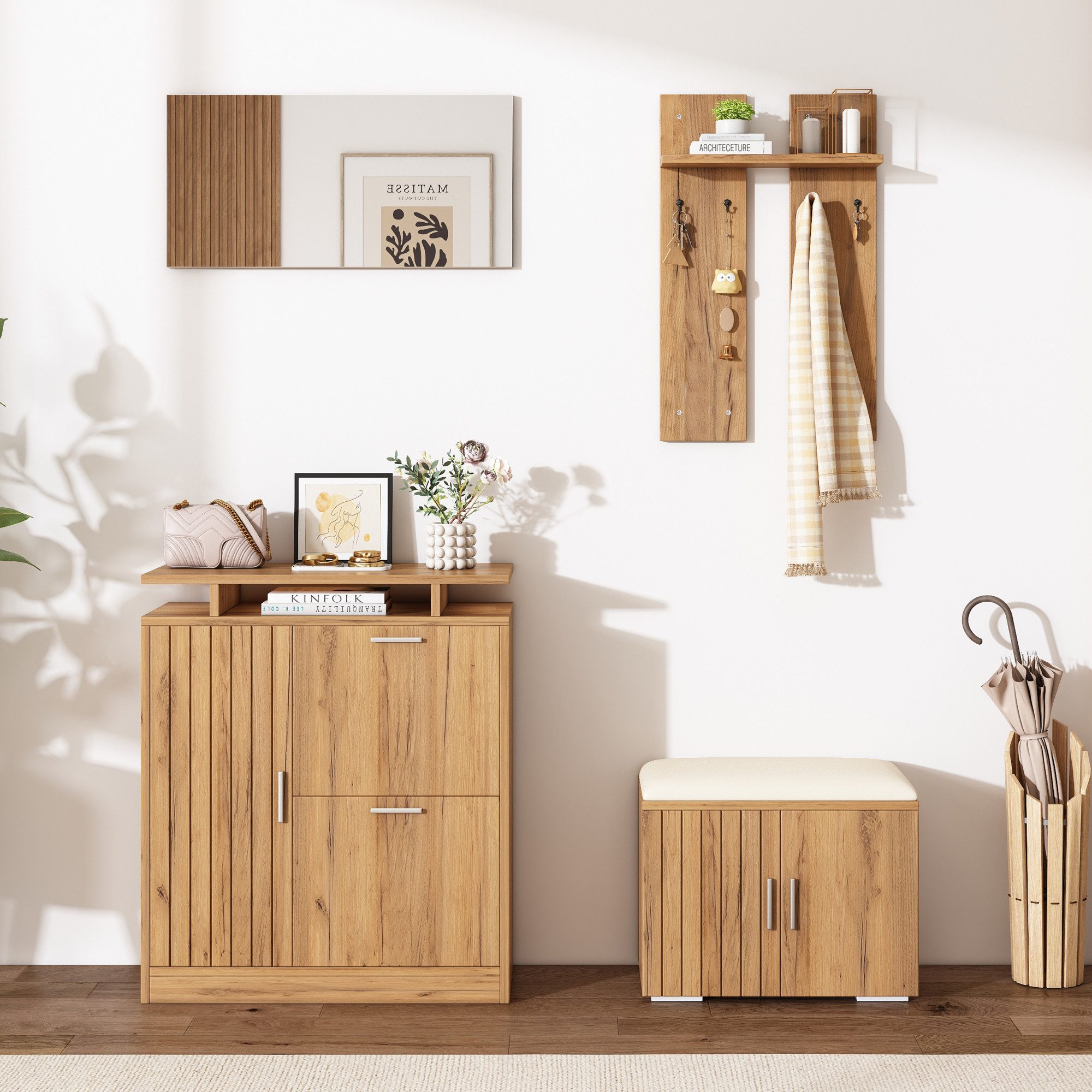 Flieks Garderoben-Set Garderobe mit 1 Spiegel, 4 Haken, Schuschrank, Sitzbank in Holzoptik, (Set, 4-St), Flurmöbel-Set Schuhbank mit Sitzkissen, Schuhkommode mit 2 Klappen