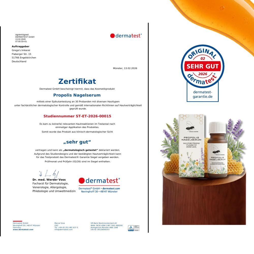 Grega´s Imkerei Nagelpflegeserum Propolis Nagelserum 10 ml - Derma Test 2026 „Sehr gut“, 1-tlg., mit integrierte Pinsel-Applikator, mit hochdosiertem Propolis Extrakt und ätherischen Ölen