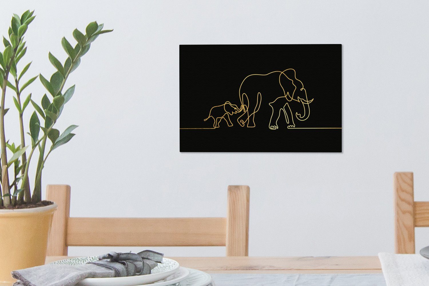 Schwarz - - Elefant Wandbild Leinwandbilder, Aufhängefertig, Minimalismus, cm 30x20 Gold Wanddeko, - OneMillionCanvasses® (1 Leinwandbild St),