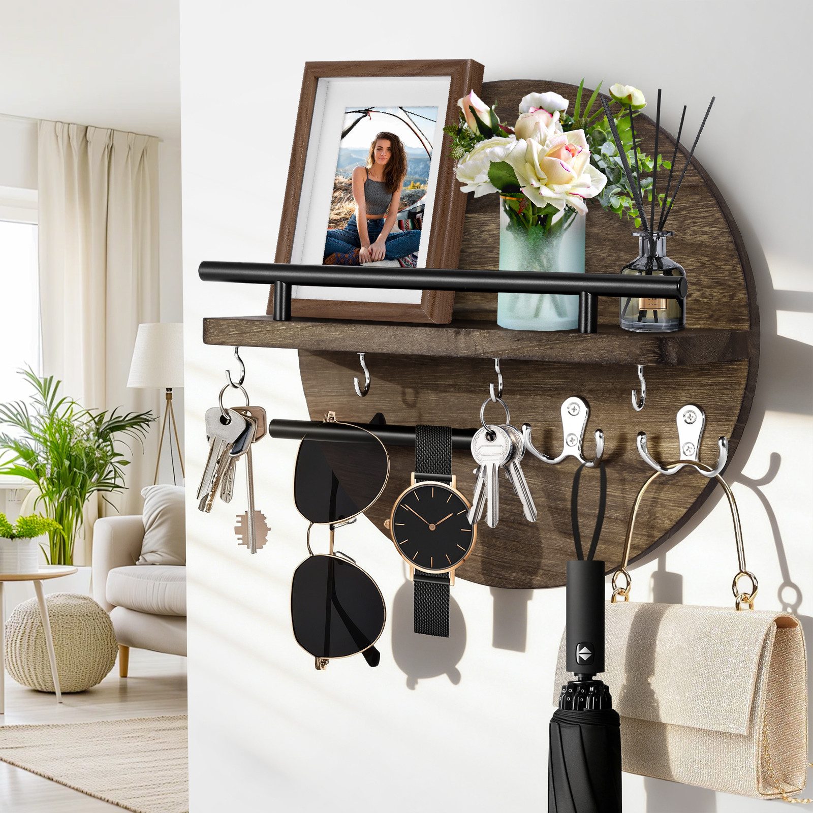 BlingBin Schlüsselbrett Eingangs-Schlüsselregal für die Wand, dekorativ, mit Regal und Haken, (1er Set, 1 St., 32 cm L x 32 cm B x 10 cm H), Post-Organizer, Wandhalterung, kreisförmiges Design für die Wand