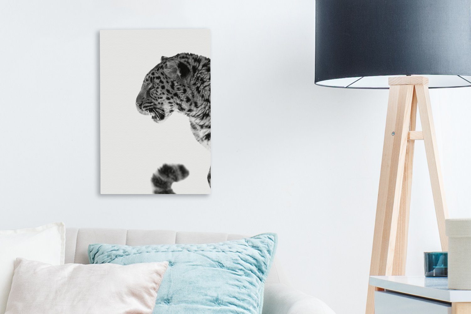 OneMillionCanvasses® bunt fertig - inkl. St), und Leinwandbild cm weiß, im (1 Leinwandbild 20x30 Zackenaufhänger, schwarz bespannt Schnee Gemälde, Leopard