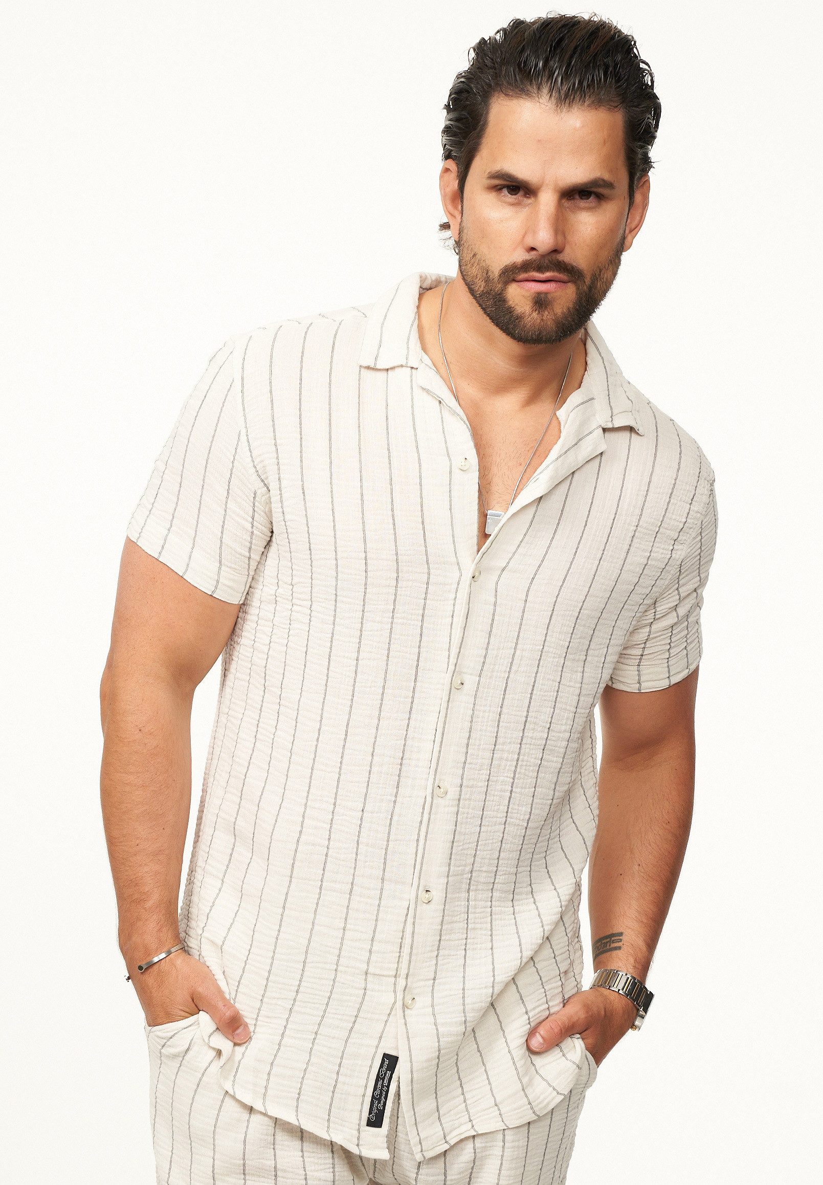 CARISMA Kurzarmhemd für Herren im luftigen Crinkle-Stoff mit Streifen - Summer-Look Kurzarm Strick Polo-Hemd T-Shirt luftig & leicht