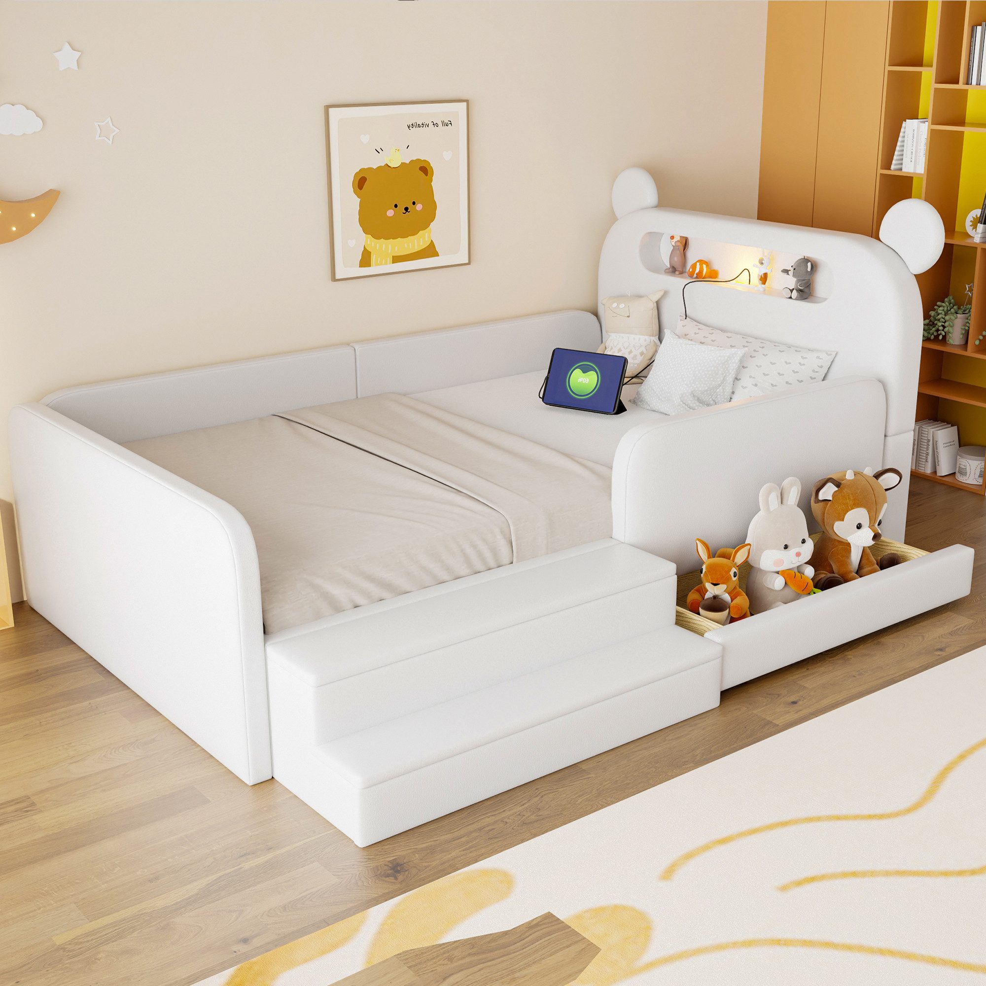 Odikalo Kinderbett 90×200 Einzelbett Jugendbett Doppelbett 140×200 Weiß Mit Lichtern (Kinder-Polsterbett mit Bären-Kopfteil USB-Ladeanschluss integriertem Stauraum und Stufensitz–sicher und praktisch geeignet für Jungen und Mädchen Kunstlederbezug Ohne Matratze)