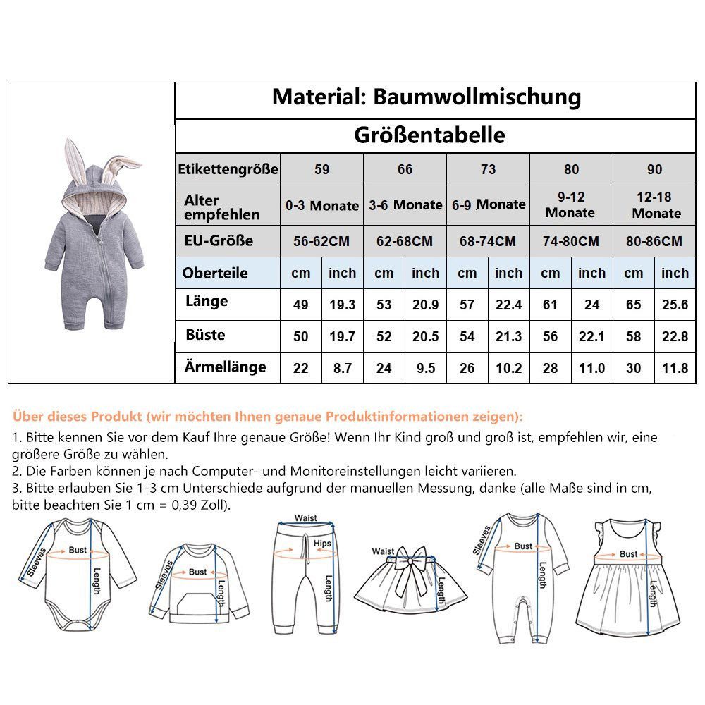 Gluckids Strampler Unisex Baby Langarm Bodysuit mit Kapuze Warmer Overall Babykleidung (mit Reißverschluss, 1-tlg) Kapuzenpullover mit Süßen Ohren Kleinkind Frühling Herbst Bodysuit