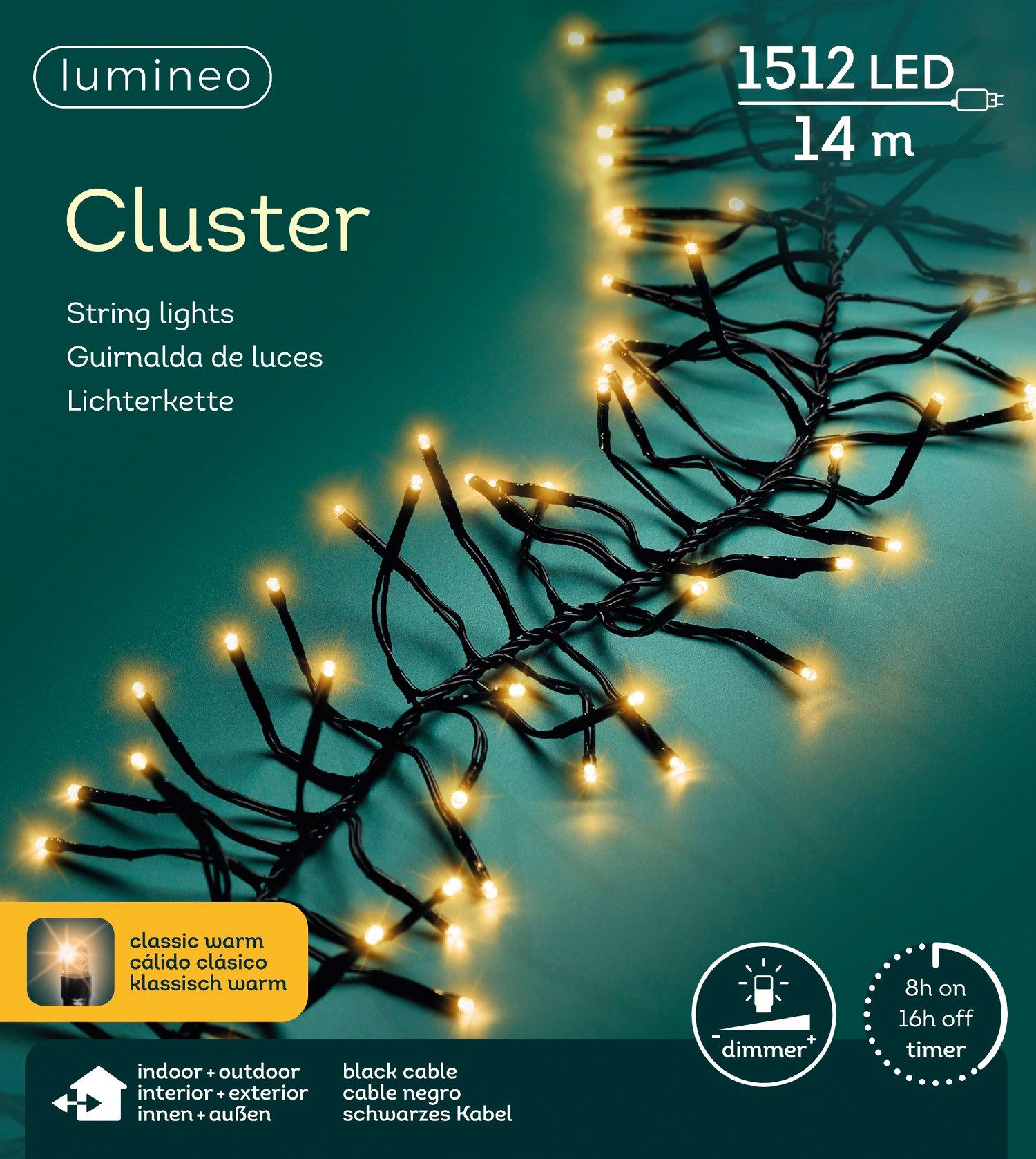 Lumineo LED-Lichterkette Lumineo Lichterkette CLUSTER 1512 LED 14 m klassisch warm, schwarz, Indoor/Outdoor, dimmbar, 8h-Timer, + 5 m Zuleitung