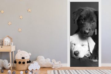 MuchoWow Türtapete Hunde - Welpe - Schwarz - Weiß - Tiere, Matt, bedruckt, (1 St), Fototapete für Tür, Türaufkleber, 75x205 cm