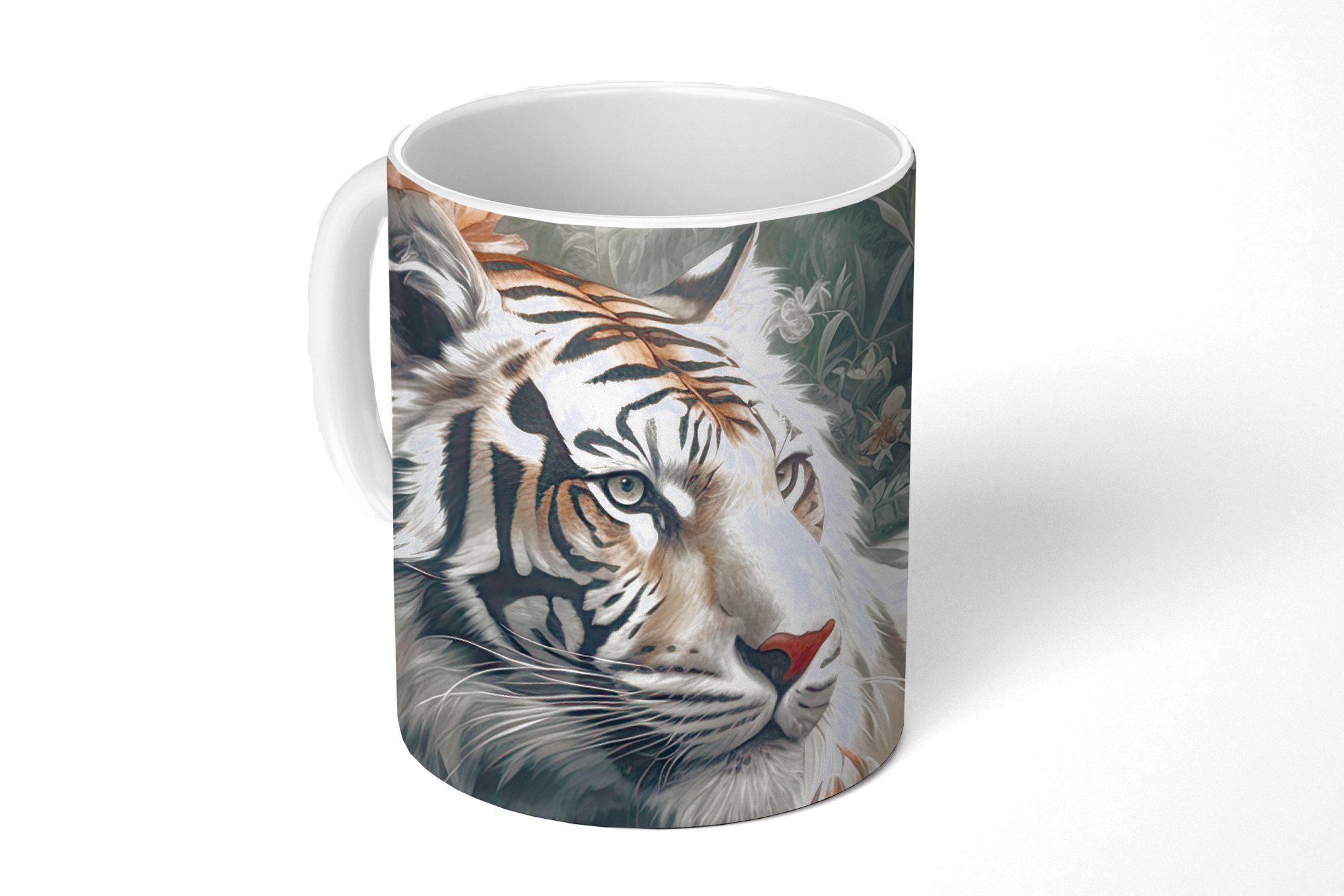 MuchoWow Tasse Tiger - Wildtiere - Blumen - Dschungel, Keramik, Kaffeetassen, Teetasse, Becher, Teetasse, Geschenk