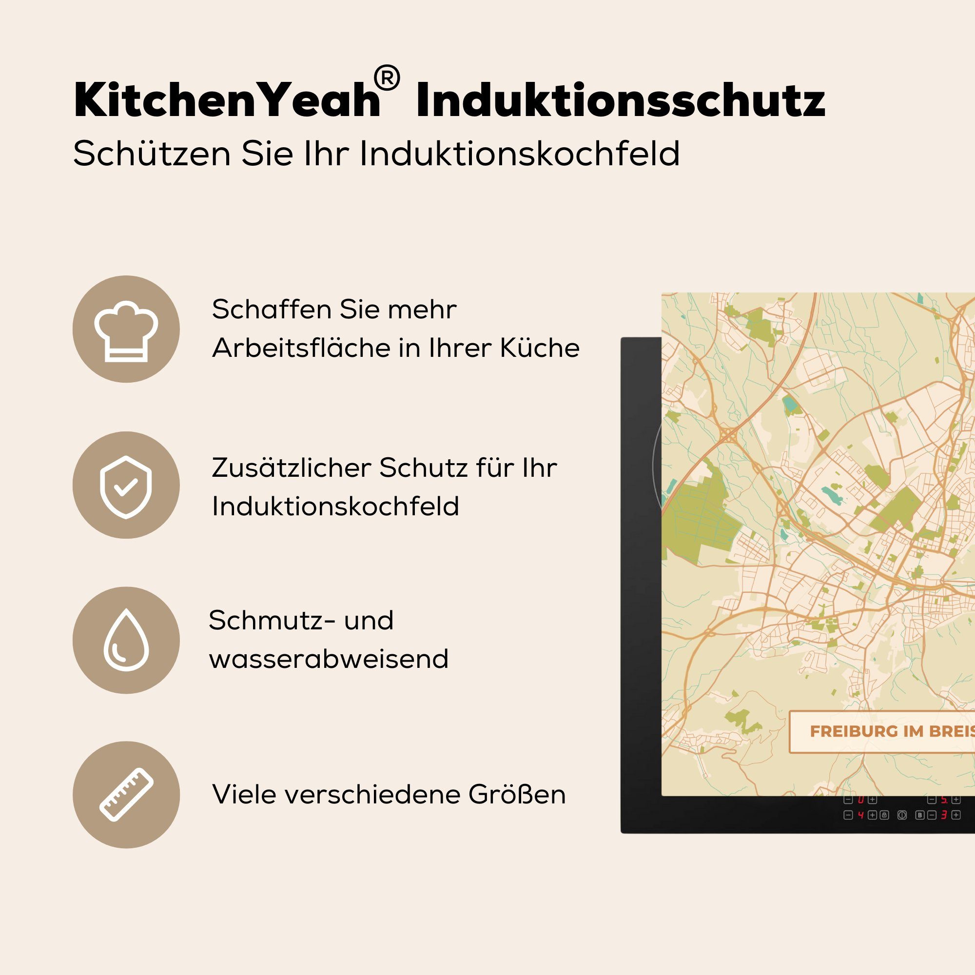für Ceranfeldabdeckung, Vintage im Stadtplan, - küche 78x78 Vinyl, (1 Karte Breisgau MuchoWow Herdblende-/Abdeckplatte cm, Arbeitsplatte Freiburg - tlg), -