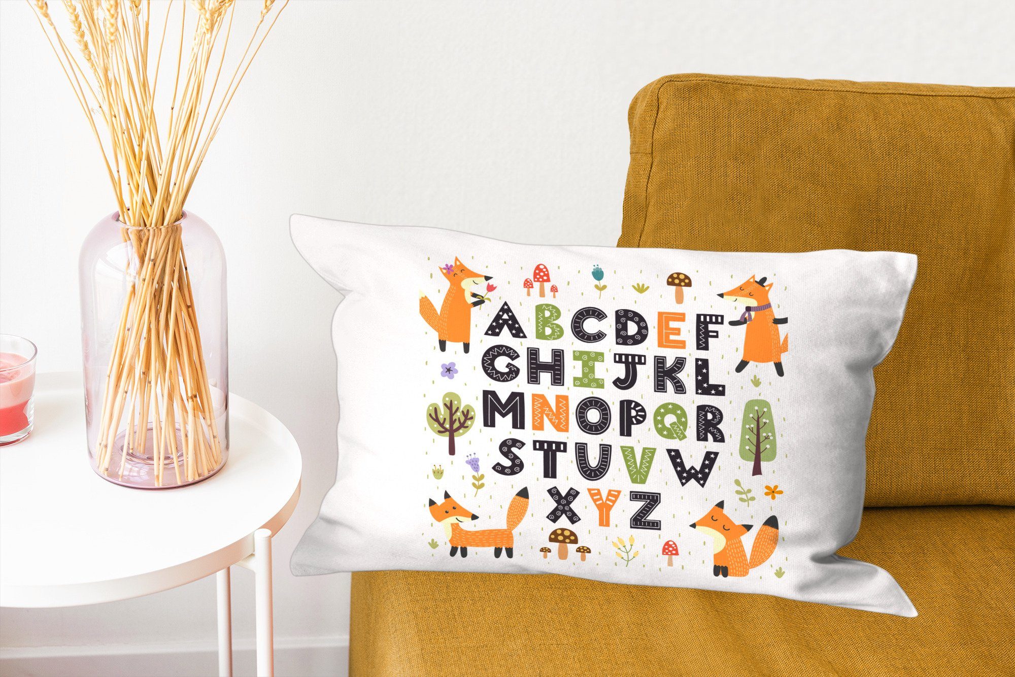 Schlafzimmer Dekokissen Wohzimmer Alphabet mit Dekokissen Füchsen, mit Zierkissen, Dekoration, Füllung, MuchoWow Illustration