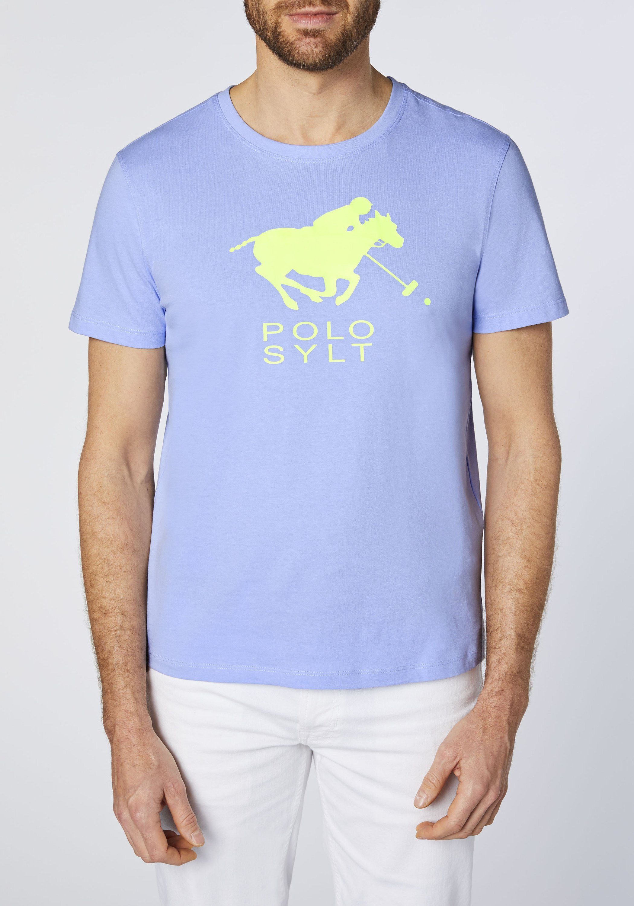 Polo Sylt Print-Shirt mit 16-3922 Brunnera Frontprint Neon Logo Blue