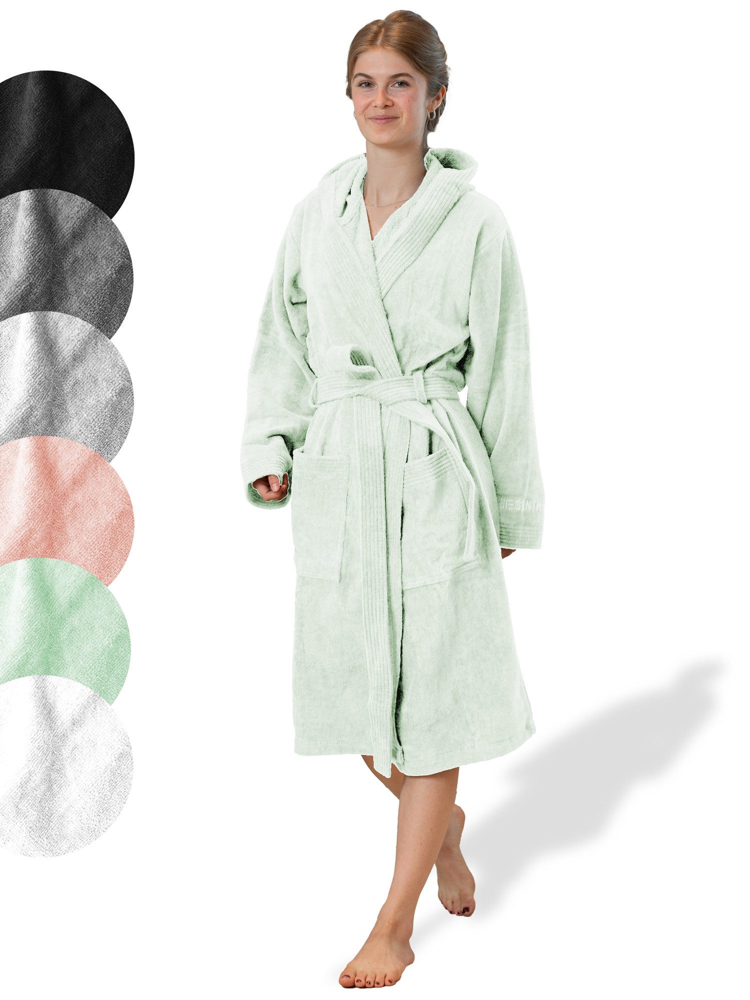 SIEGENTHAL Damenbademantel SIEGENTHAL® Damen Bademantel Frottee Velour Kapuze Flauschig Knielang, Kapuze, Gürtel, saugfähigem Frottee,Pflegeleicht und langlebig,praktische Taschen