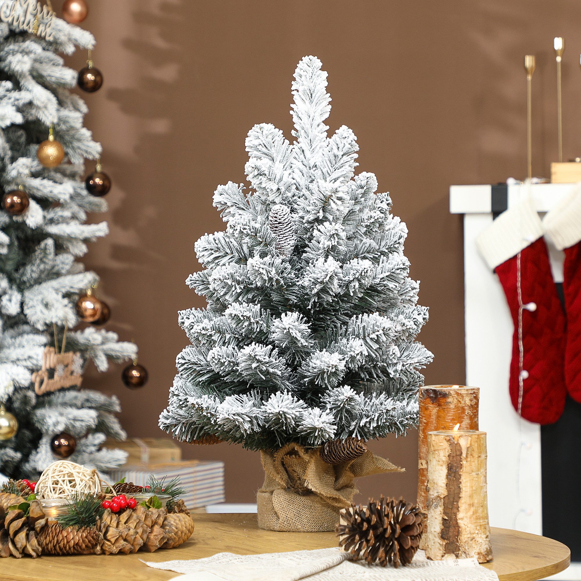 HOMCOM Künstlicher Weihnachtsbaum Mini 60 cm künstlich mit Schnee, Christbaum Weihnachtsdeko, Tannebaum, Realistisches Aussehen, Grün+Weiß