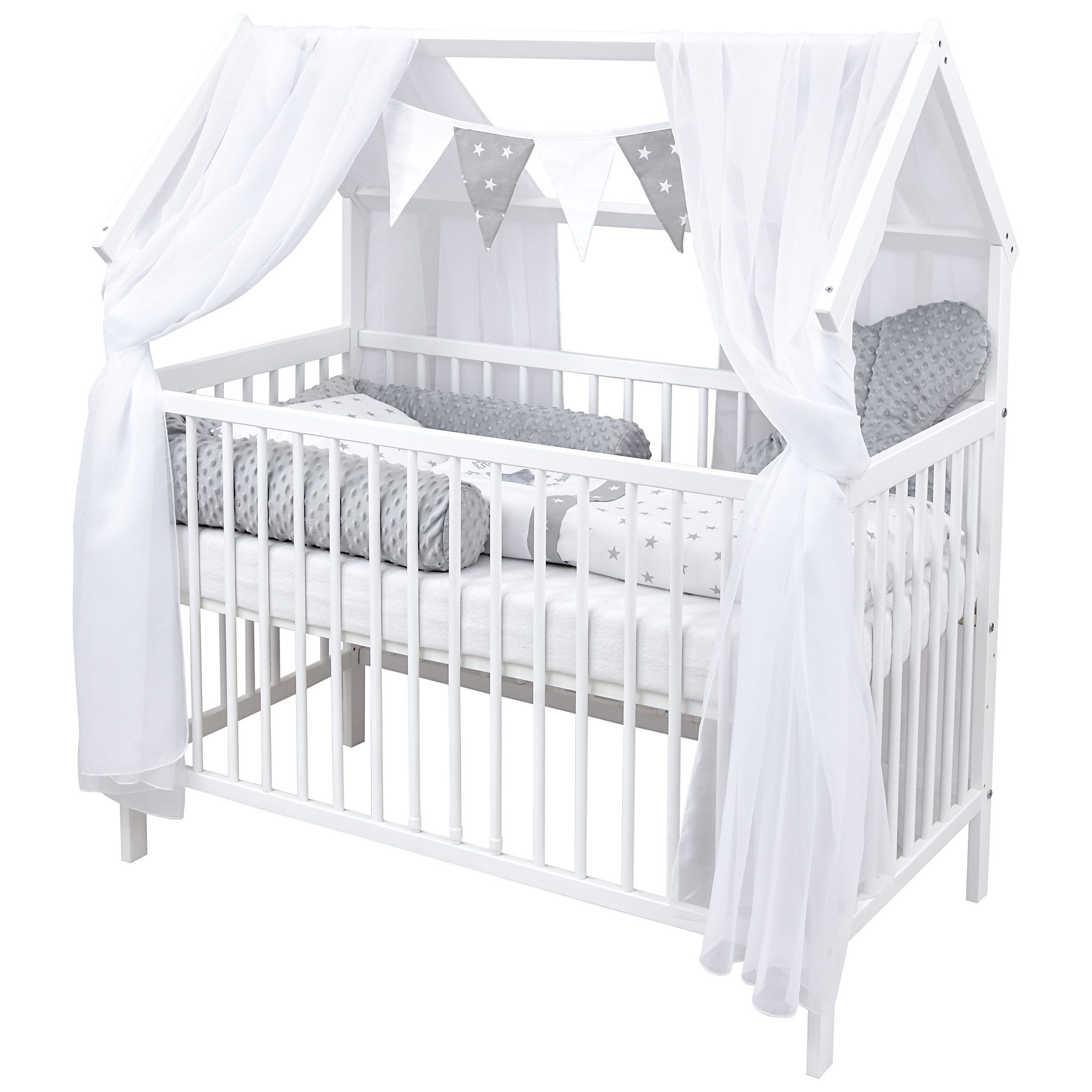 Baby-Delux Komplettbett Hausbett Babybett Schutzgitter Komplettset, 10-tlg., Kinderbett 60x120 cm weiß, Bettset verschiedene Designs