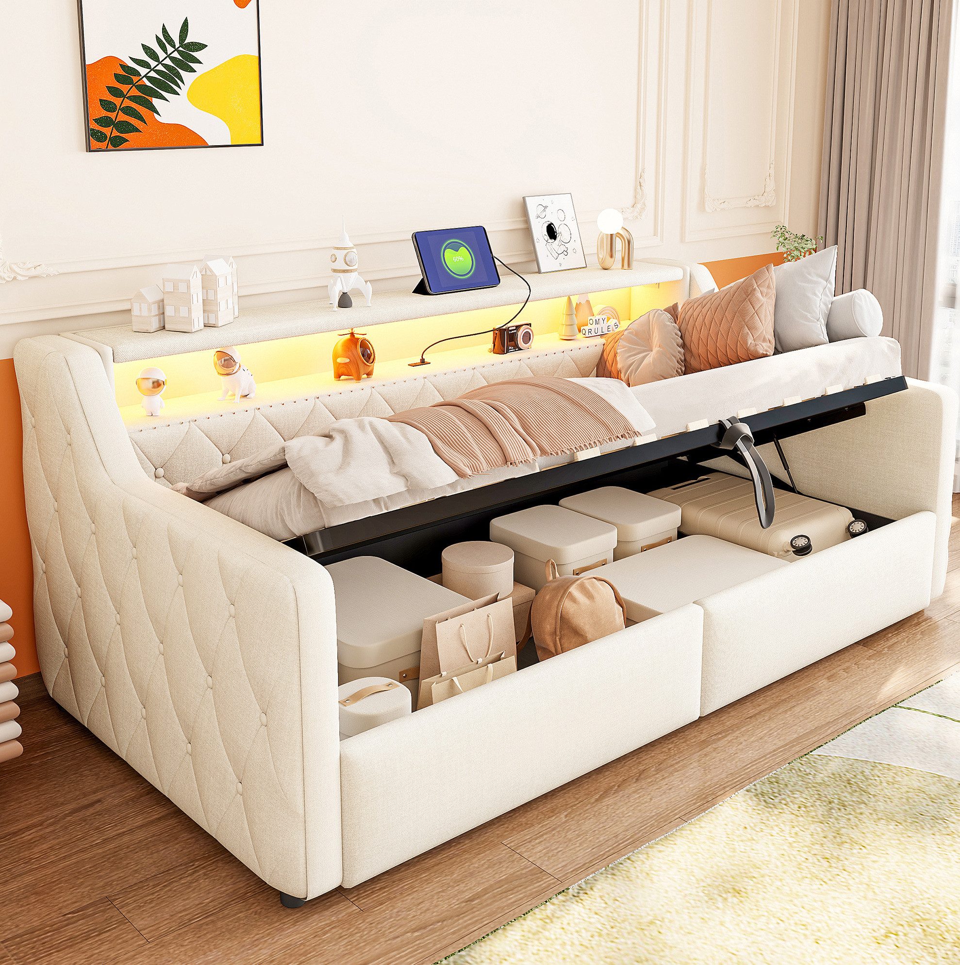 REDOM Schlafsofa Polsterbett mit LED-Beleuchtung, Daybett, 90x200 cm, praktischem Bettkasten mit Hydraulikfunktion und Ladeanschlussen, Funktionsbett Tagesbett, ohne Matratze