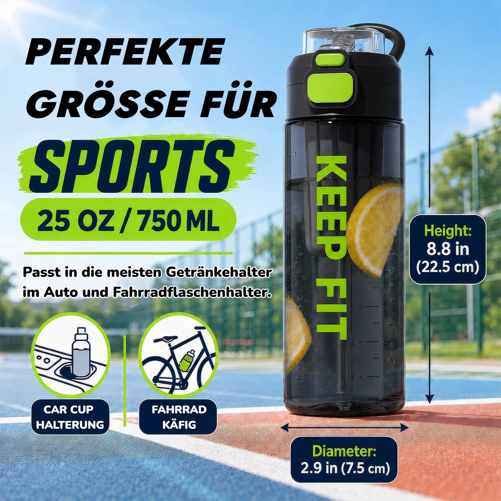 BlingBin Trinkflasche Auslaufsicher Wasserflasche 750ml, Sport Flasche mit Strohhalm, Trinkflasche mit Fruchteinsatz für Arbeit, Wandern, Yoga, Schule – Bild 2 von 5