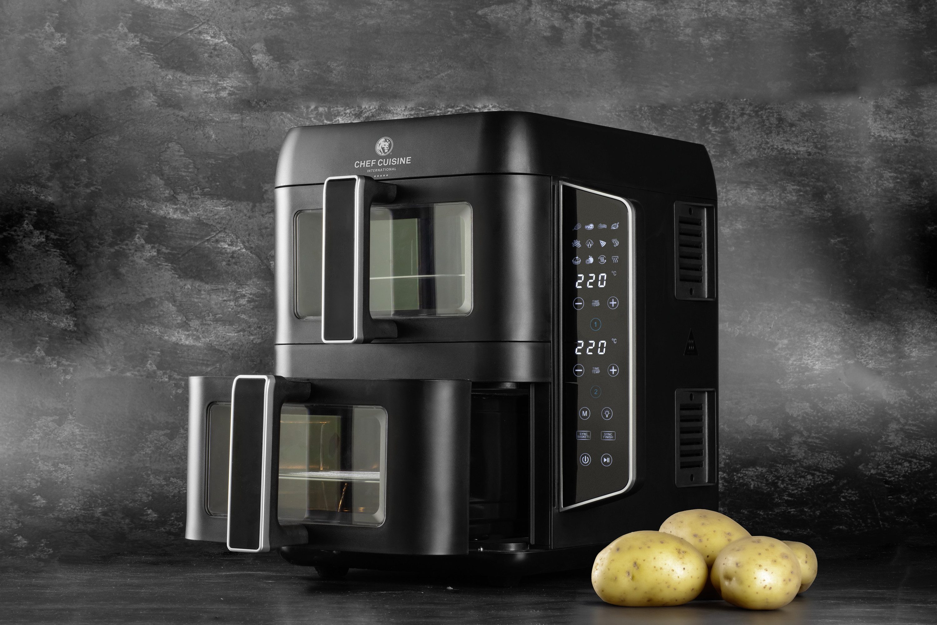CHEF CUISINE International Heißluftfritteuse Air Fryer Dual Zone, 2400 W, Zwei 4,5-L-Zonen, 12 Programme, SYNC-Funktion, Touchdisplay