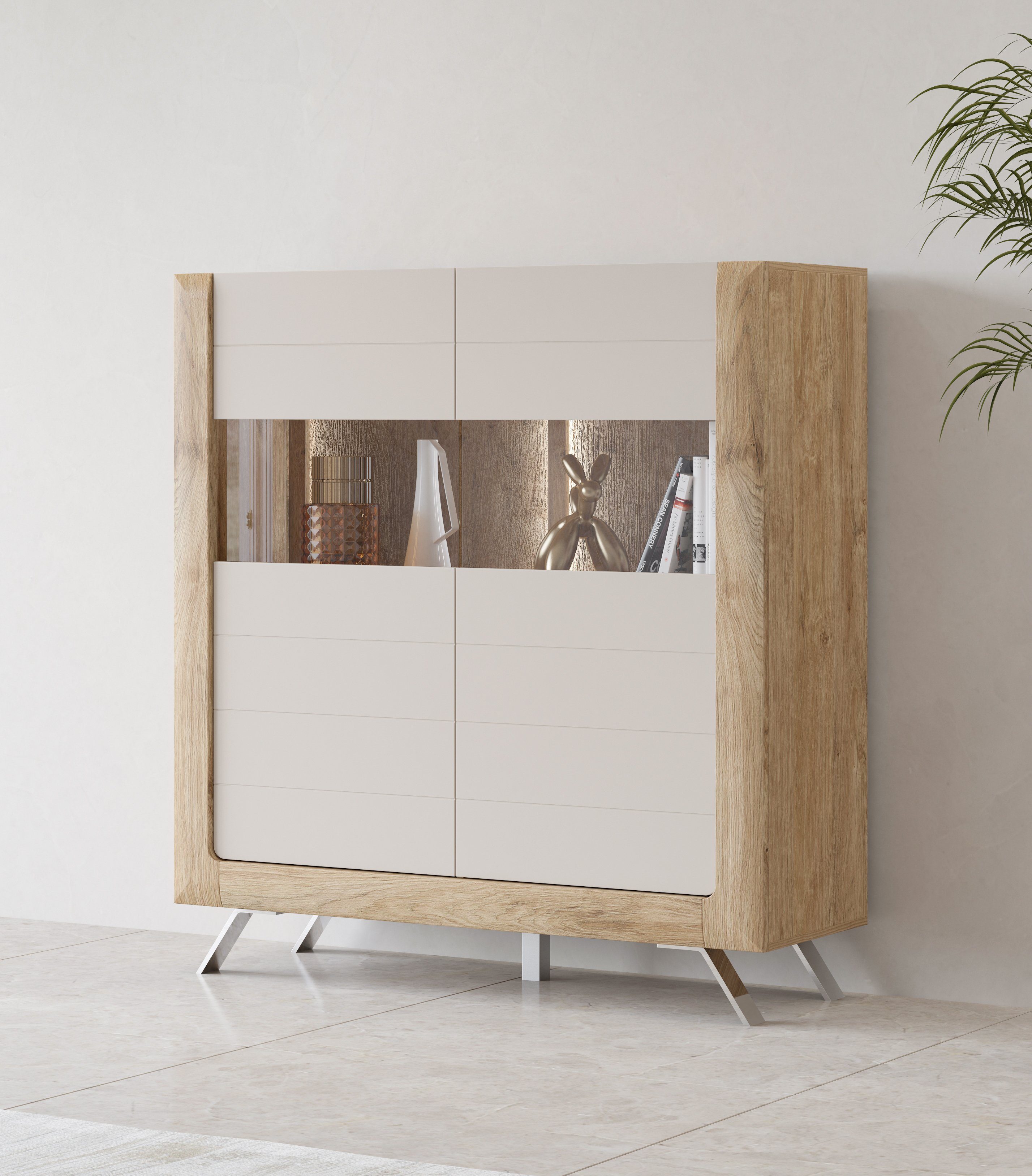 Leonique Highboard Kasai, Höhe 136,5 cm, 2 Türen mit Glaseinsatz