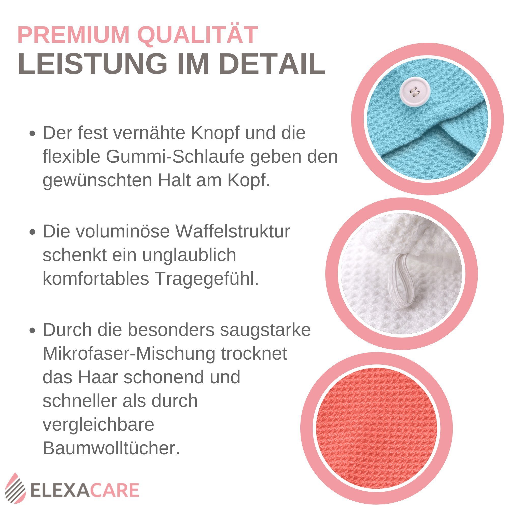 ELEXACARE Turban-Handtuch Haarturban mit Knopf, Mikrofaser (2-St), Turbanhandtuch mit Knopf und Schlaufe – Bild 4 von 5