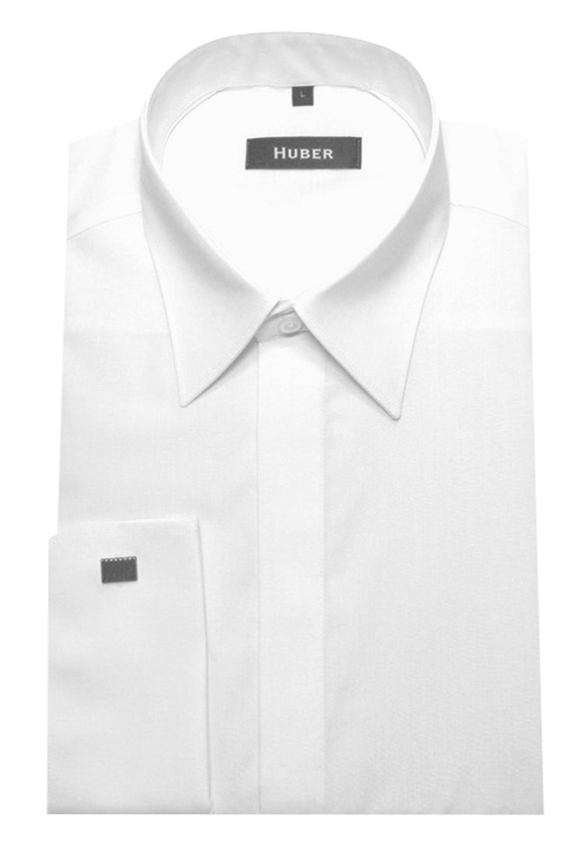 Schnitt Fit-gerader verdeckte weiß Langarmhemd Huber Regular Umschlag-Manschetten Knopfleiste Hemden HU-0011