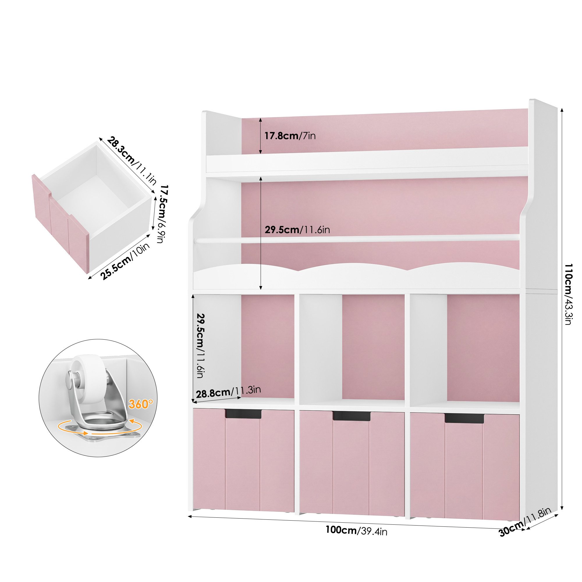 HOMECHO Spielzeugtruhe Kinderregal mit 5 Fächern und Rollschubladen, Weiß Kinderbücherregal für Schlafzimmer Kinderzimmer 110x100x30cm