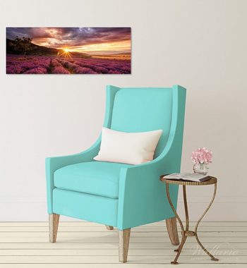 Wallario Glasbild, Lavendelfeld bei Sonnenuntergang - Sonnenstrahlen, in verschiedenen Ausführungen