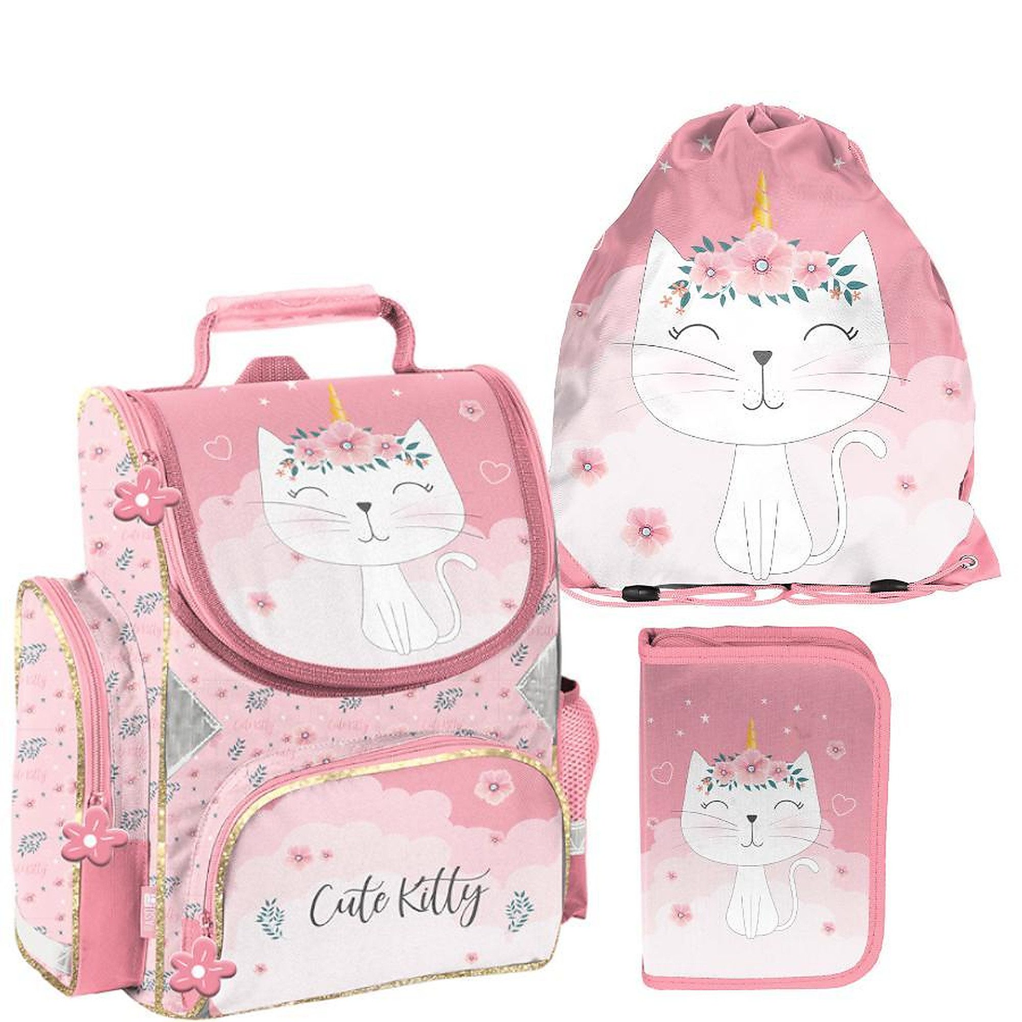 PASO Schulrucksack Schulset 3-tlg. Kätzchen Princess (Schulset, 3-tlg), Schulranzen + Turnbeutel + Federmäppchen