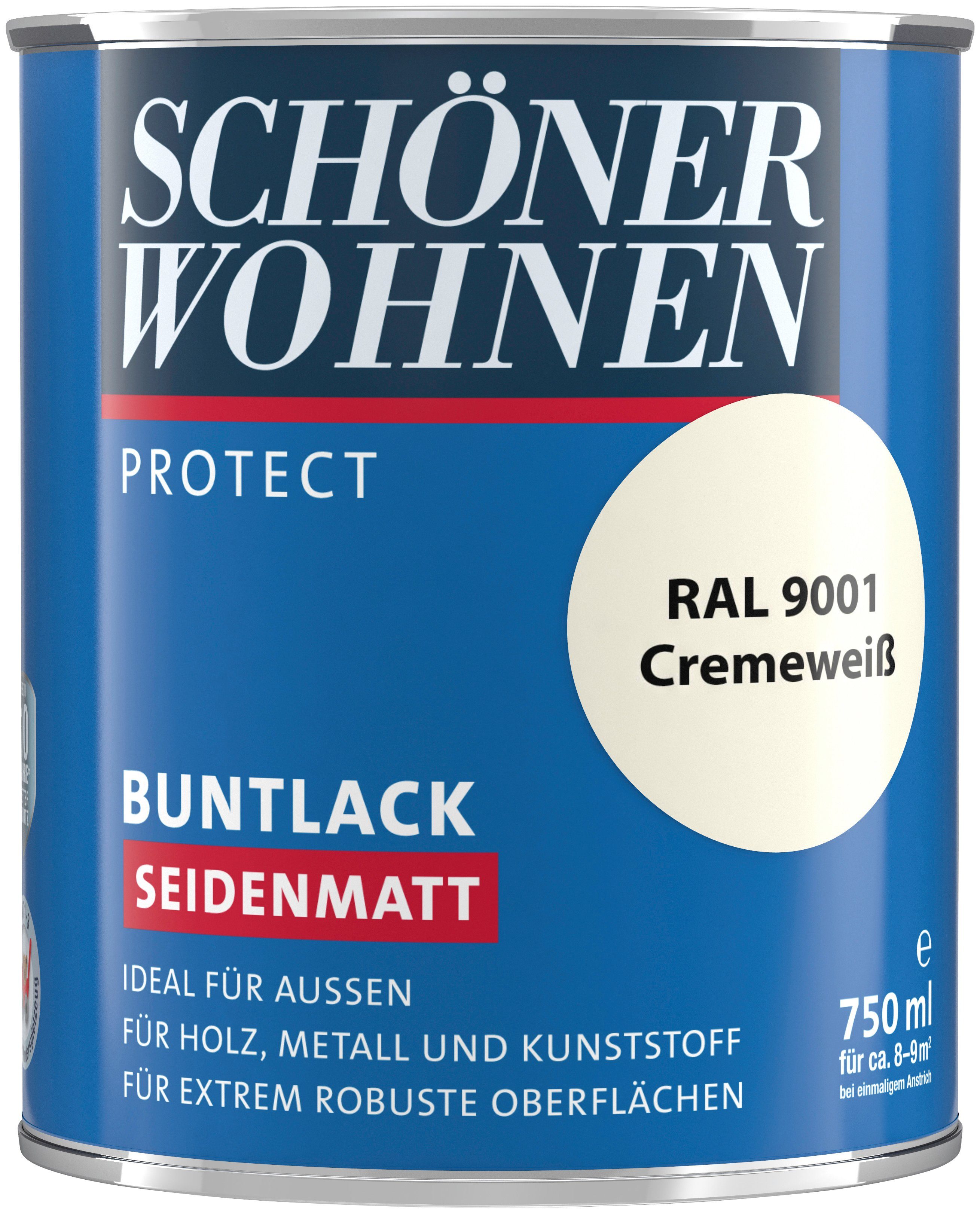 SCHÖNER WOHNEN FARBE Lack Protect Buntlack, 750 ml, cremeweiß RAL 9001, seidenmatt, ideal für außen