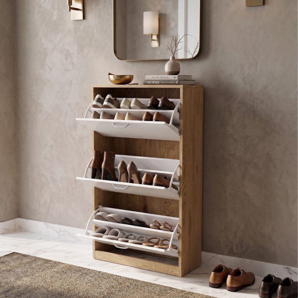 alesvelt Schuhkipper mit 3 Klappen platzsparender Schuhschrank weiß & holzoptik ca. 18 Paar, 60x24x113 cm, ca. 18 Paar Schuhe, mit Griff, schmal