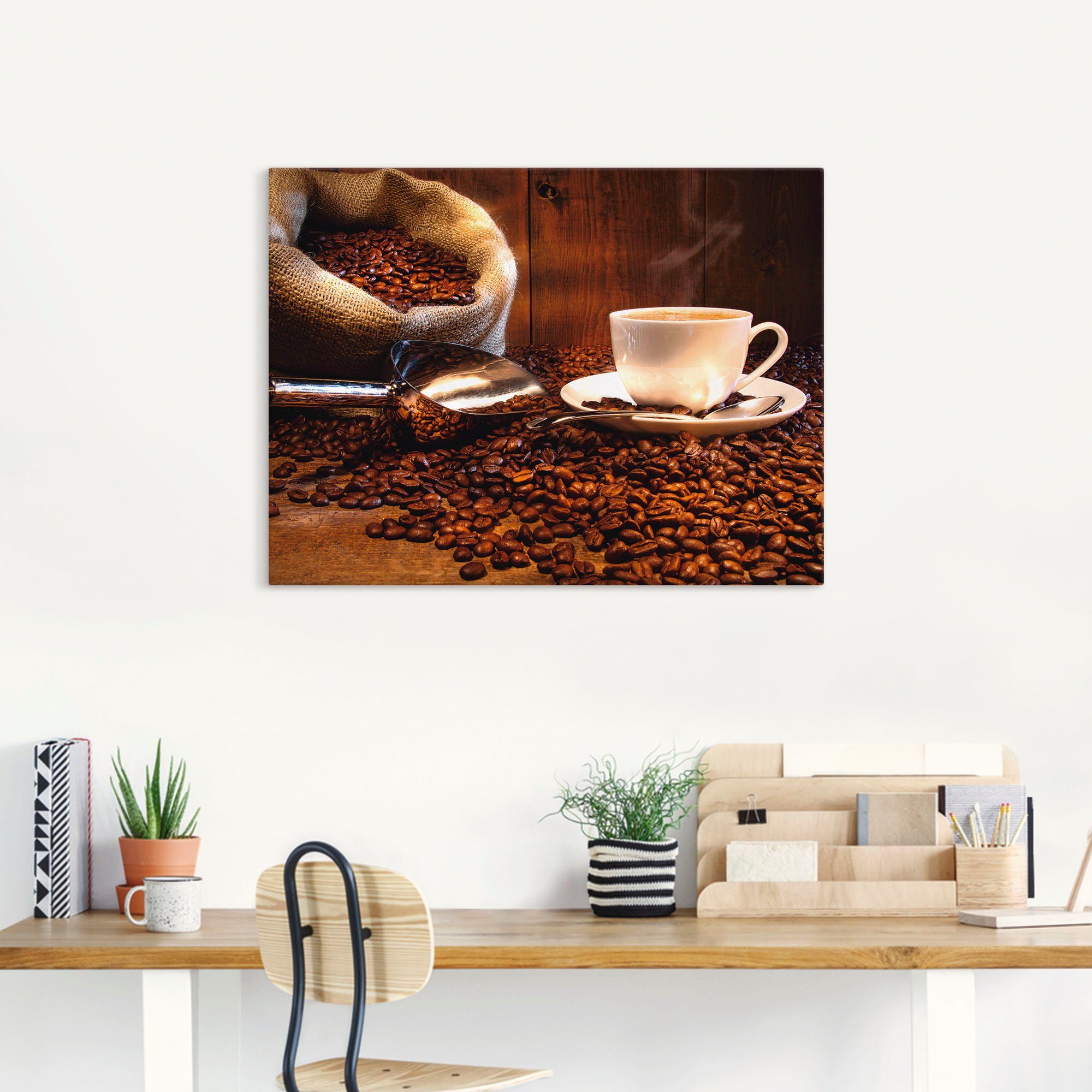 in Leinensack Wandbild Getränke Kaffeetasse Wandaufkleber oder Leinwandbild, (1 Tisch, Artland Poster und St), als Größen versch. auf