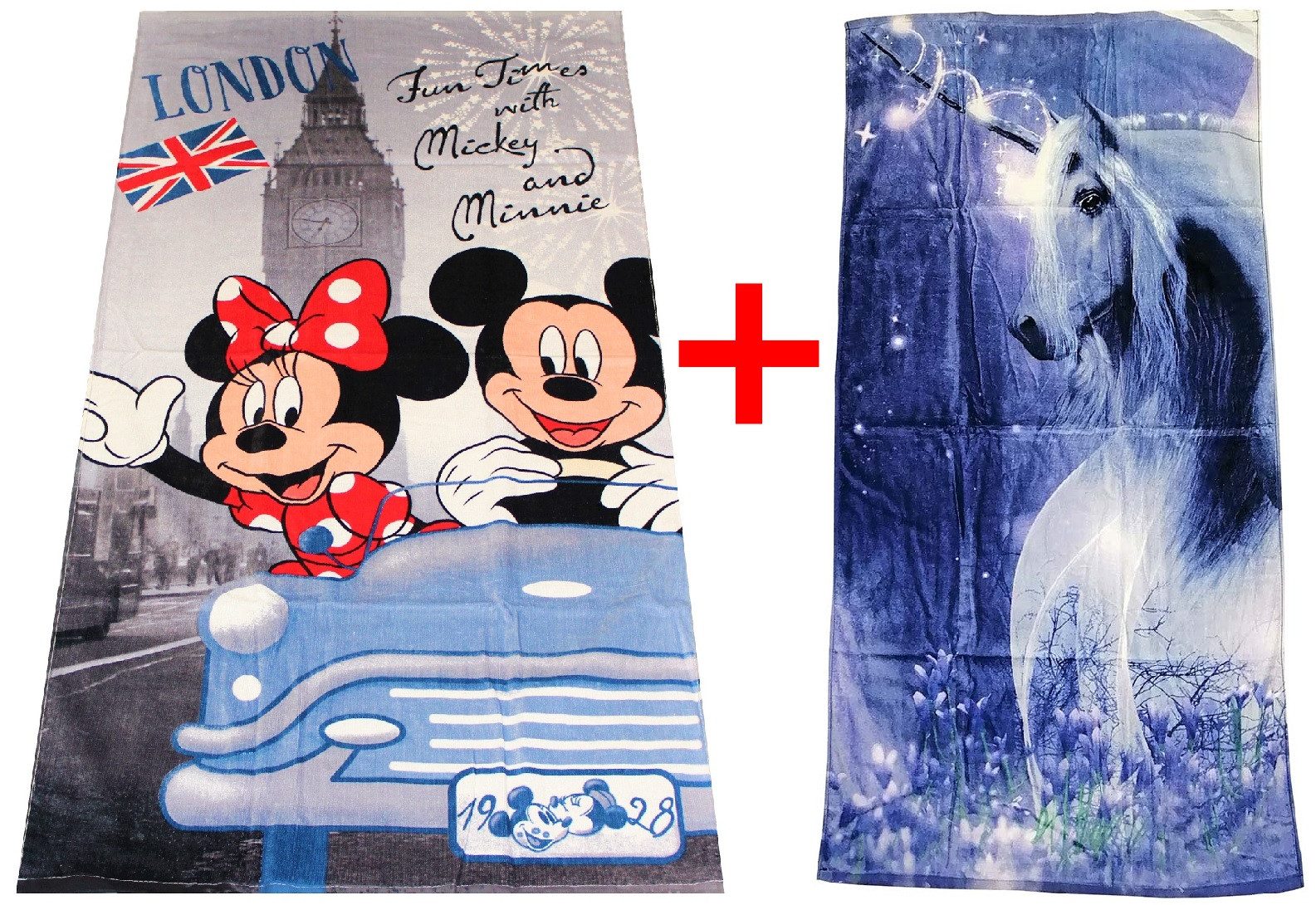 Jerry Fabrics Handtücher Micky Minnie Maus Einhorn Strandtuch Handtuch 70x140cm Set, Frottee (Set, 2-St)