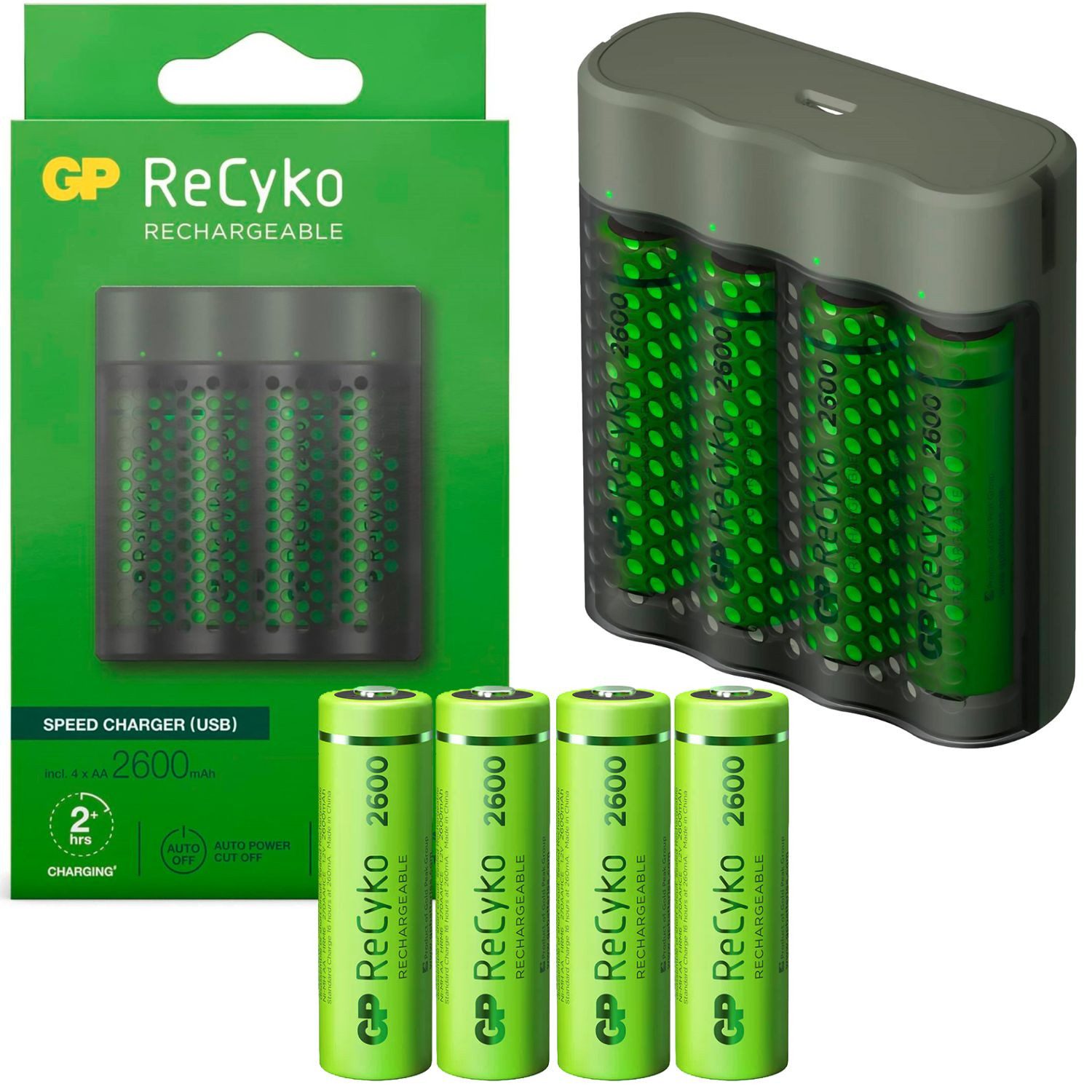 GP Batteries USB Akku-Ladegerät AA / AAA + 4x AA-Akku ReCyko Akku-Set Mignon 2600 mAh (1,2 V, 5 St), Kompakt Schnell-Lader M451 + 4x AA 2600mAh Mignon LR06 LR6 Batterie